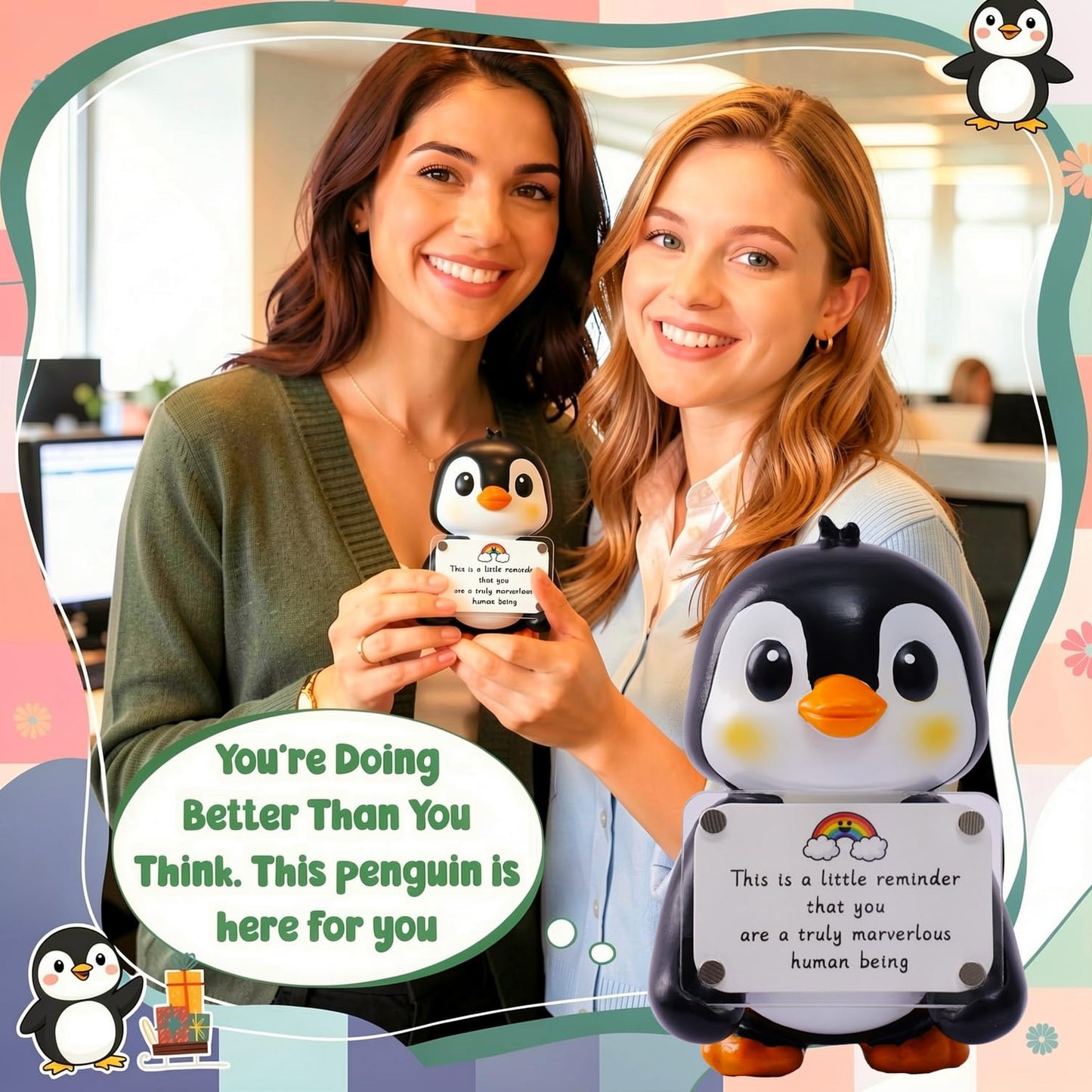 hollishowe Positive Penguin Figurine - 3.9" Tall Hand-Painted Resin Indoor Office Desk Decoration with Cute Motivational Sign, Funny Gift for Women Friends Bestie BFF Bestfriend Coworkers