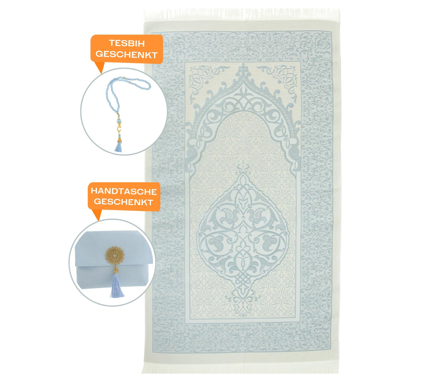Prien Muslim Prayer Rug with Tasbih and Portable Bag, Muslim Gift for Women Men, Mubarak Islamic Box, Soft Mat Islam Gifts Set, Turkish Sajadah for Ramadan, Eid, Hajj, Travel, Pray (Blue)