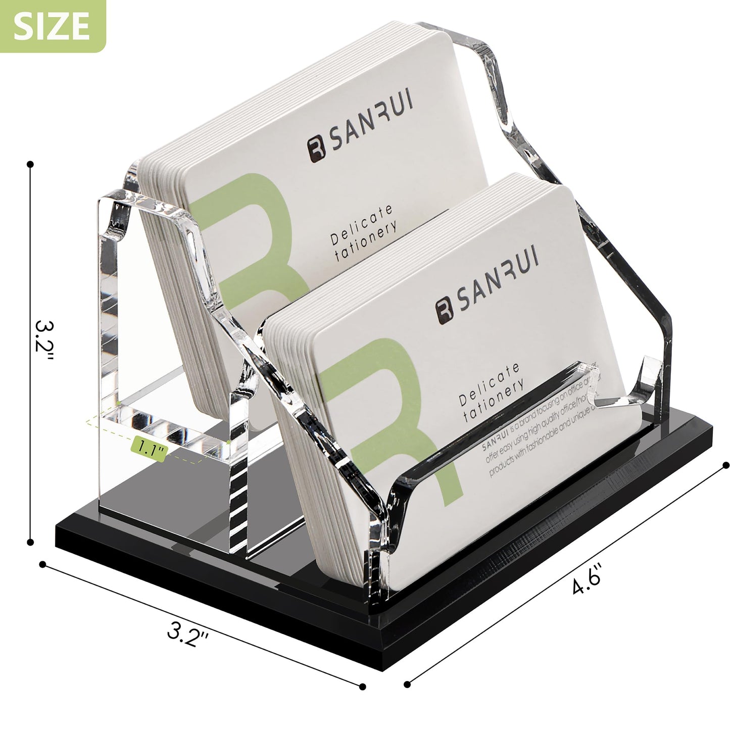 SANRUI Black Business Card Holder for Desk 2 Slot , Clear Acrylic Horizontal Name Card Stand for Women and Men, Desktop Organizer Display for Office Home Exhibition - 120 Card Capacity 1 Pack