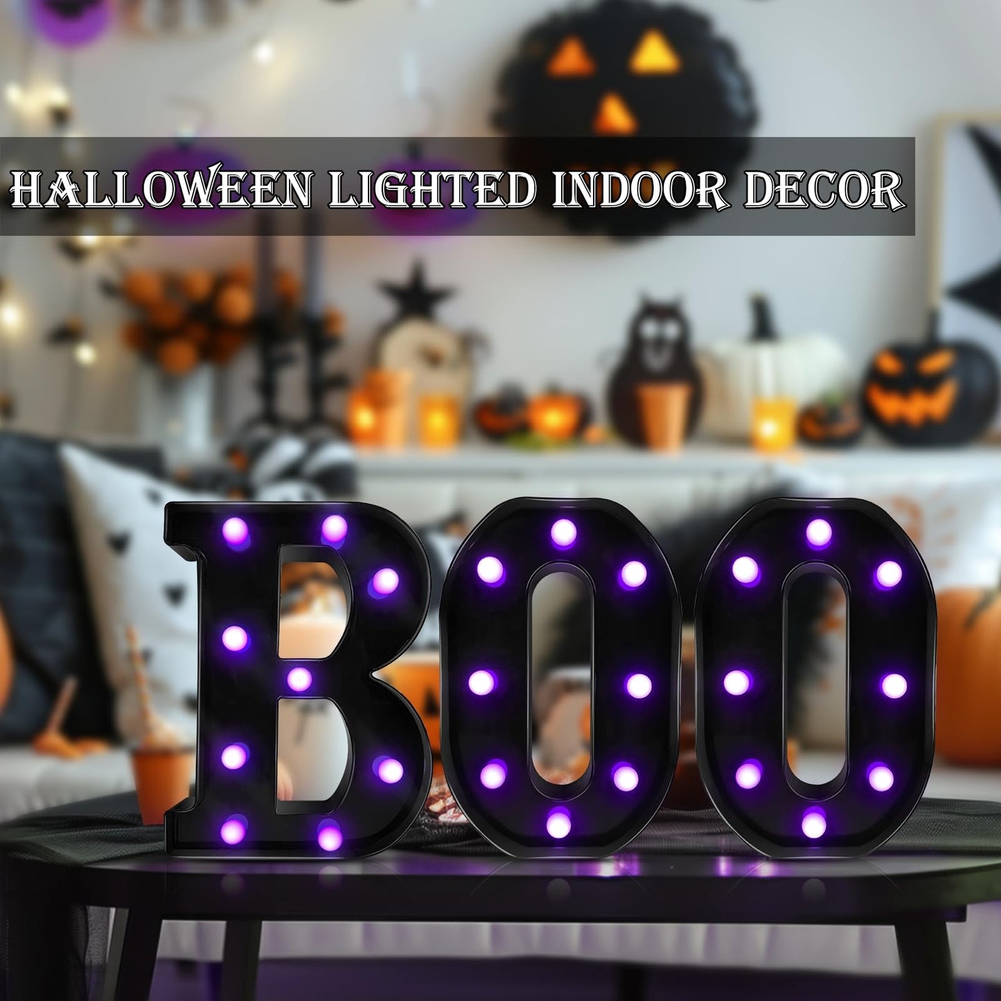 Halloween Decorations Indoor - Boo 3 Pack LED Light Up Hanging Letters Black Boo Signs Light for Indoor Halloween Decor Home Table Party Wall Mantel Fireplace Bedroom, Purple Lights