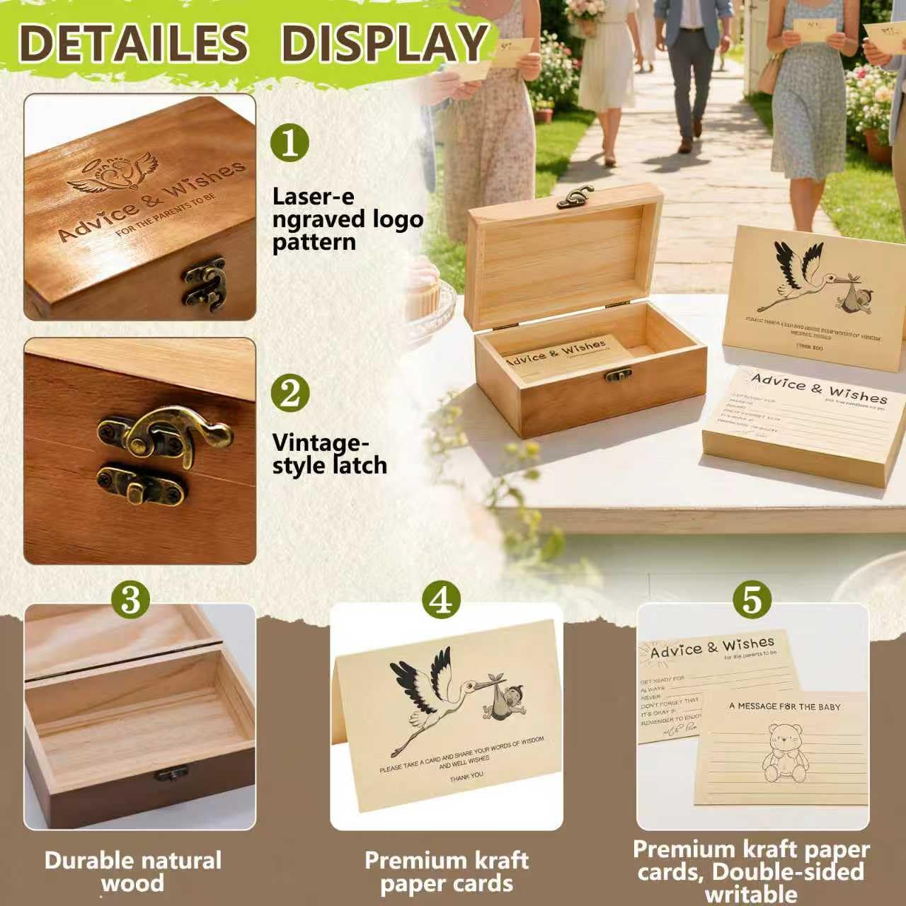 Natural Wooden Baby Shower Keepsake Box with 50 Pcs Advice & Wishes Kraft Cards - Elegant Guest Book Alternative – Rustic Time Capsule Memories Box for New Parents, Mom & Dad to Be Gifts (Set)