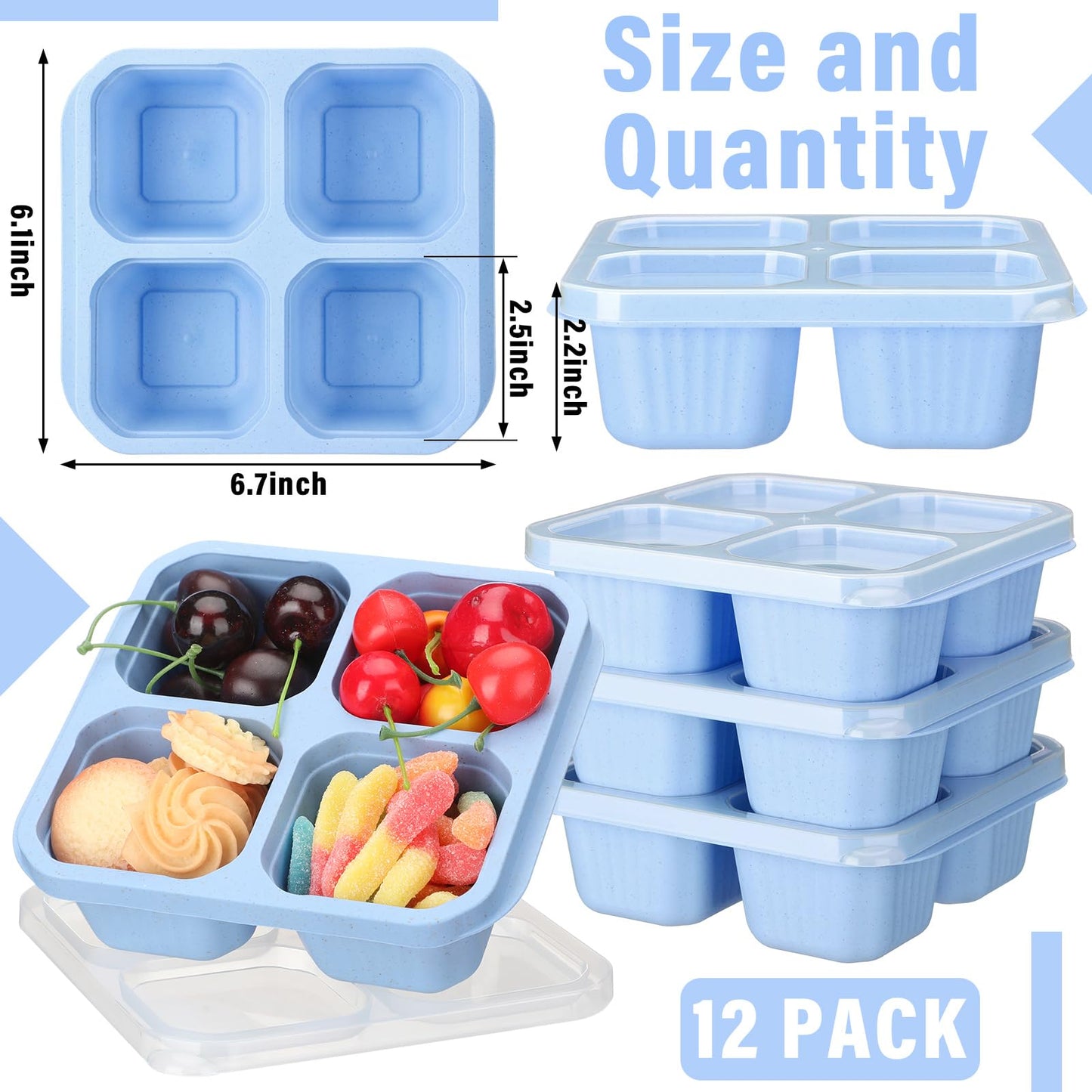 Ziliny 12 Pcs 4 Divided Compartments Snack Containers Bento Wheat Straw Snack Box with Lid Reusable Meal Prep Lunch Box Food Storage Containers for Adults Christmas Travel Work Gifts(Blue)