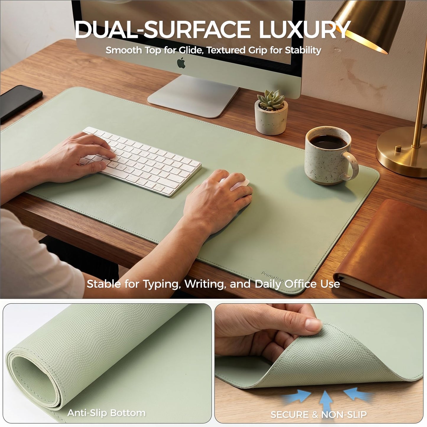 PROMATTOO Large Desk Pad Non-Slip Desk Mat Protector for Keyboard Mouse Waterproof Vegan Leather Surface Faux Leather Laptop Mat Smooth Mouse Pad Premium Gift Tube Matcha Green 31.5" x 15.7"