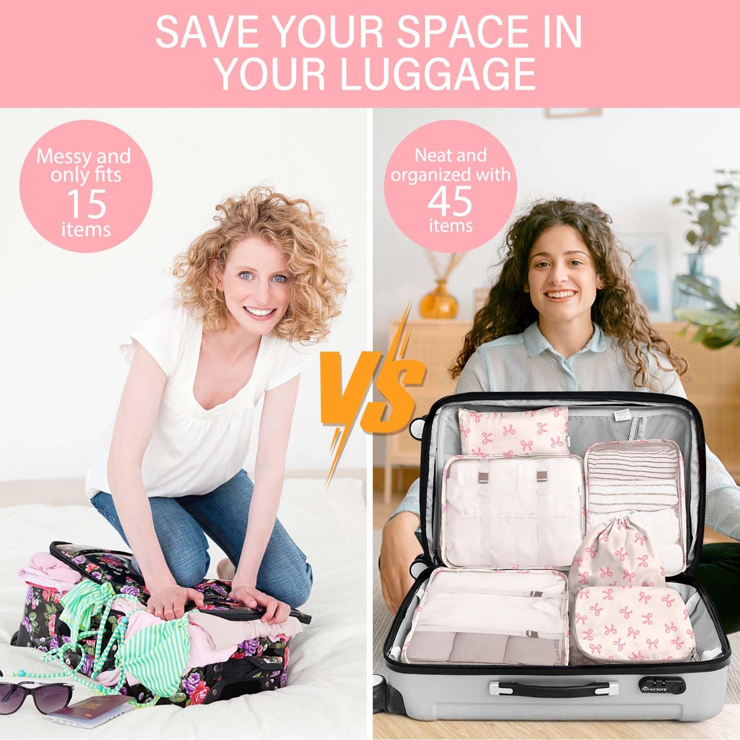 KPX 8 Set Packing Cubes for Travel, Luggage Packing Organizers Accessories Large Toiletries Bag for Clothes Shoes Cosmetics (8Set-Pink Bow)