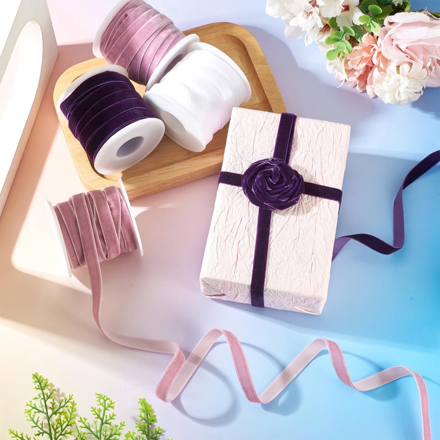 Craftora 40 Yards White Purple Velvet Ribbon 3/8 inch Single Face Velvet Ribbon with Spools for Christmas Ornaments Tree Home Decor Gift Wrapping DIY Crafts - Dark Purple