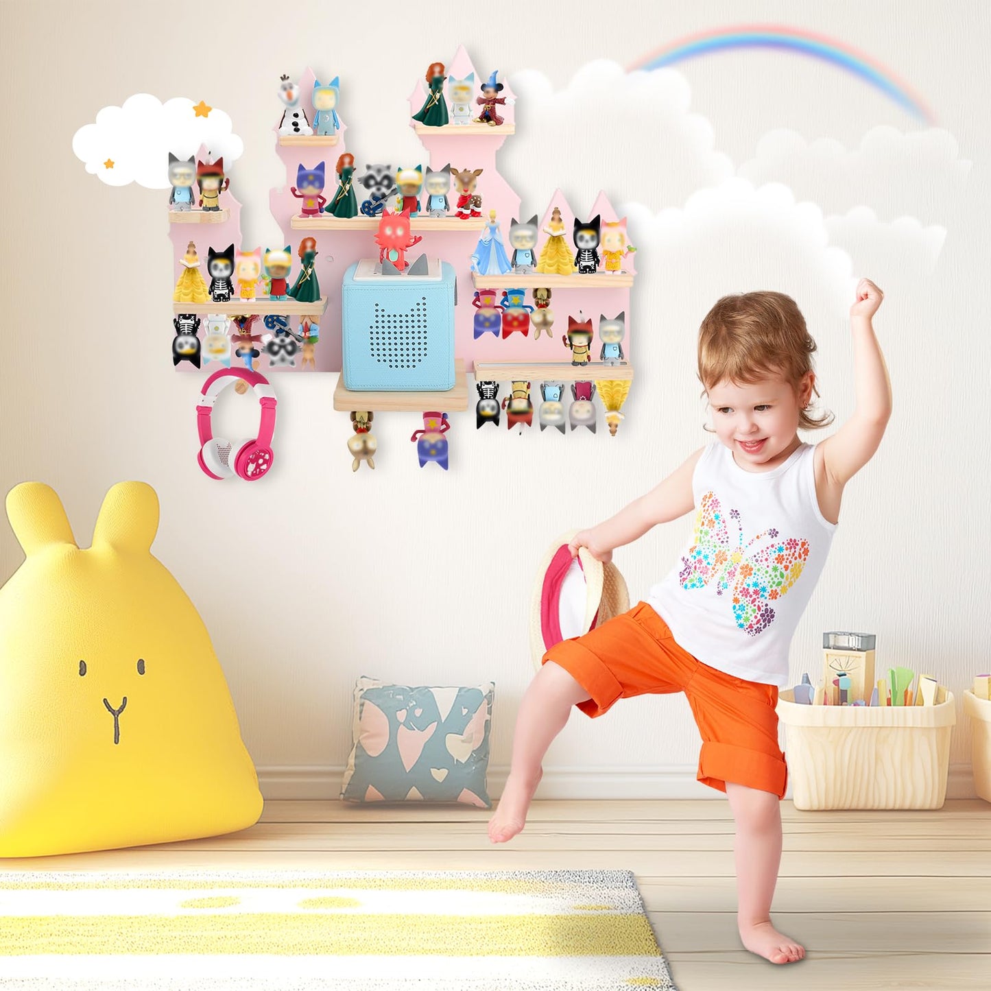 for Toniebox 2 and Toniebox 1 Tonie Shelf Wall Mounted Set,Tonies Figures Tonies Storage,Magnetic Wooden Floating Shelves Compatible with Tonie box Player Character for Children Room (pink-castles)