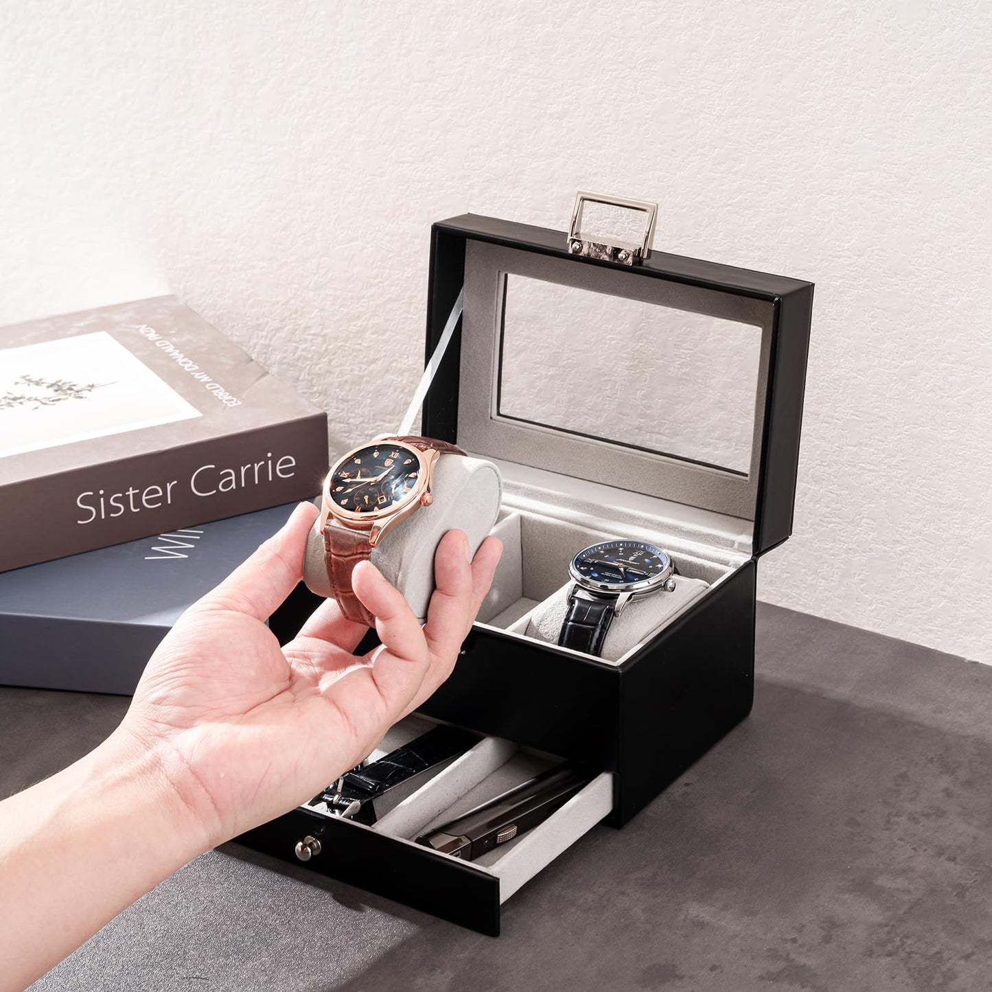 ProCase Watch Box, 3 Slot Watches Display Case with Drawer, Mens Watch Case with Glass Lid, 2-Layer Mens Jewelry Organizer Storage Holder, Birthday Valentine Gifts for Men-3 Slot, Black