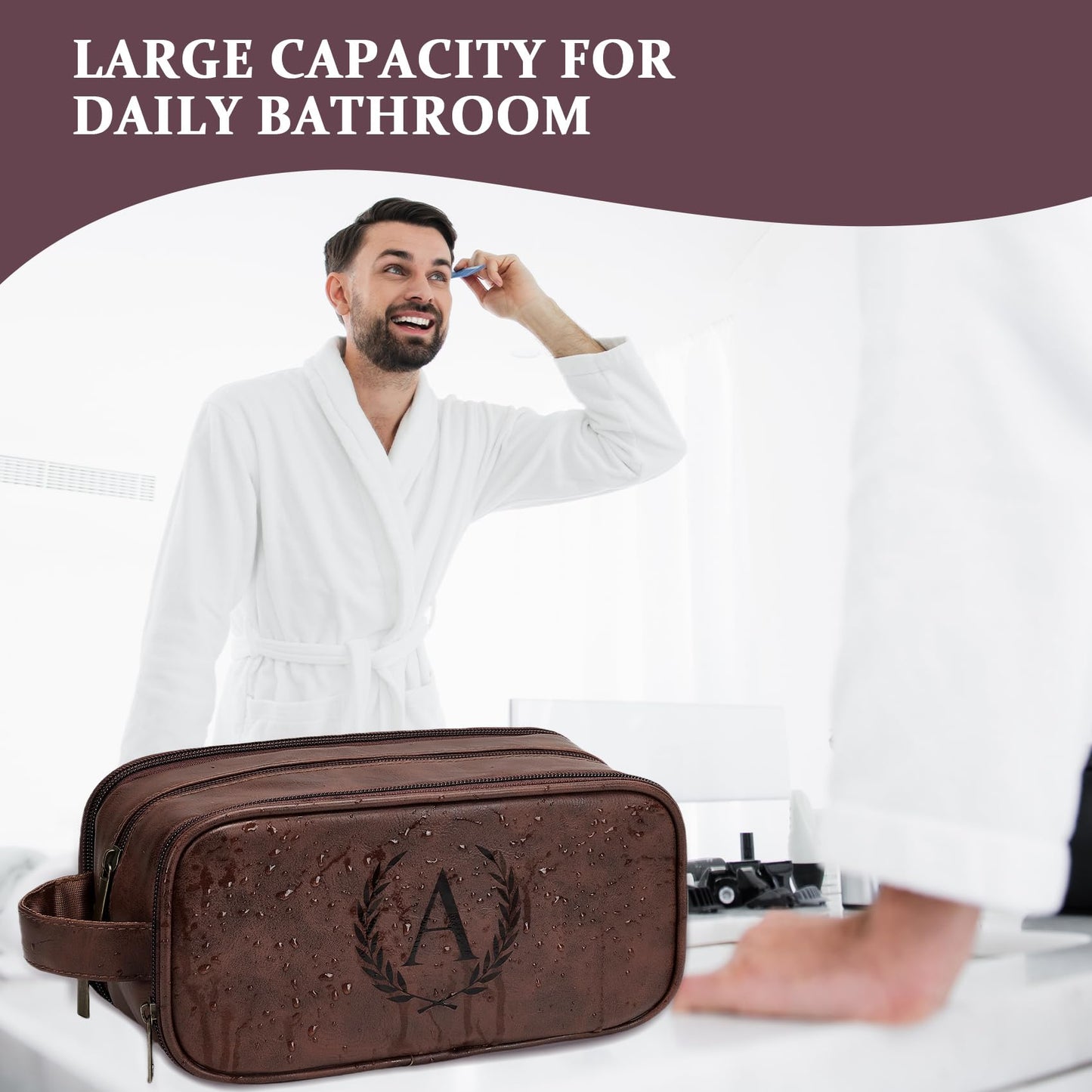 Janhavi Travel Essentials Toiletry Bag, Waterproof PU Leather Initials & Wheat, Groomsmen Gifts, Men's Accessories Organizer, Travel Bags for Men, Birthday Gift Box for Men (Medium, Dark Brown, O)