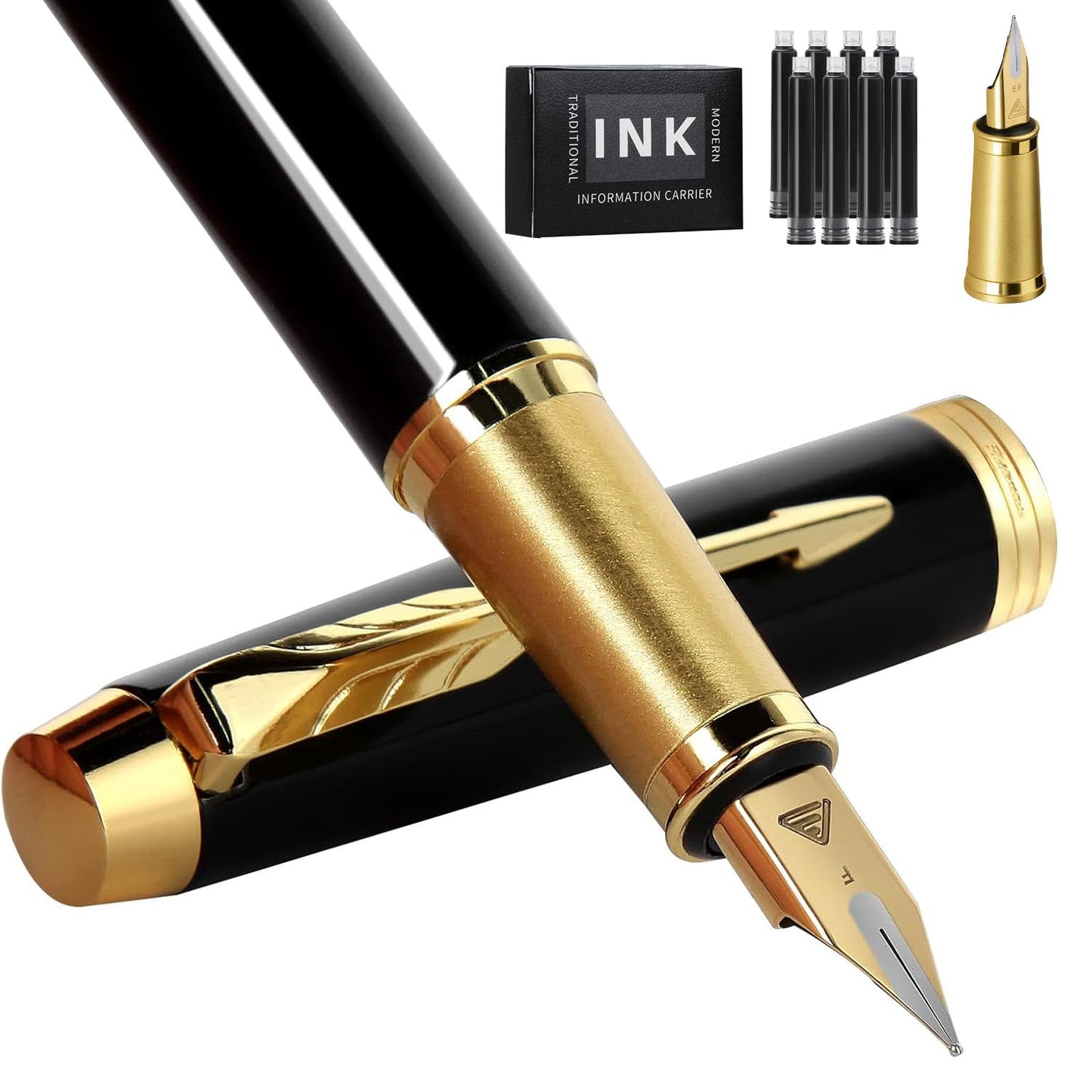 Zalantan Fountain Pen,luxury pens Fine point smooth writing pens for journaling fancy pen with Gift Case 8 black ink cartridges an EF Nib an ink converte nice metal pen writer gifts（Black）