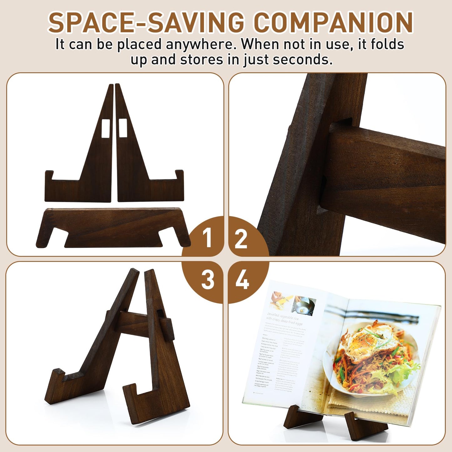 Novabright 4pcs Wood Cookbook Holders 8.7 Inch Brown Cookbook Stand Rustic Adjustable Recipe Book Holder for Kitchen Counter Thanksgiving Christmas Cooking Gifts