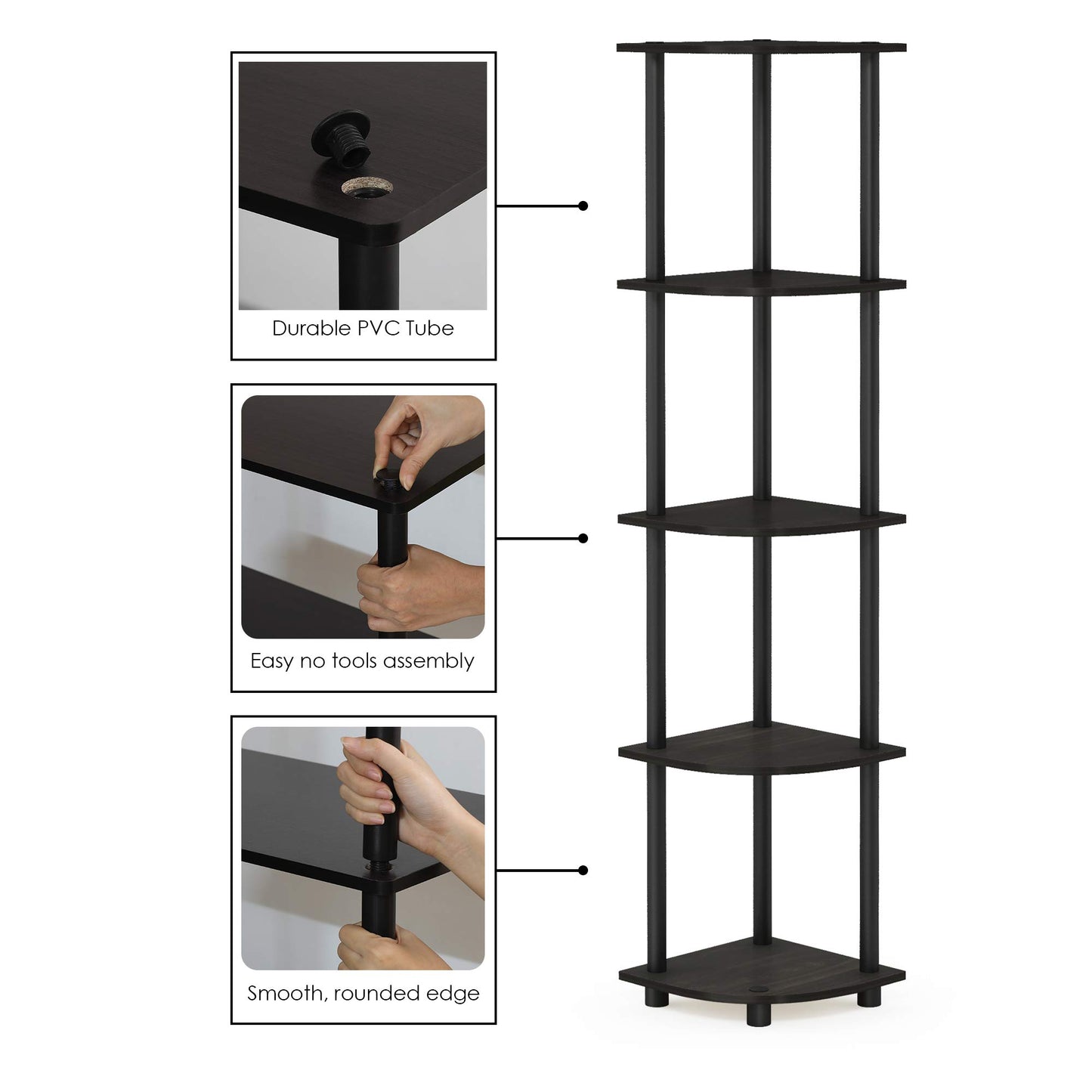 Furinno TURN-N-TUBE Corner Shelf, 5-Tier Corner Bookshelf, Open Storage Shelves, for Organization and Storage, Living Room, Home Office, Garage, Bedroom, Espresso