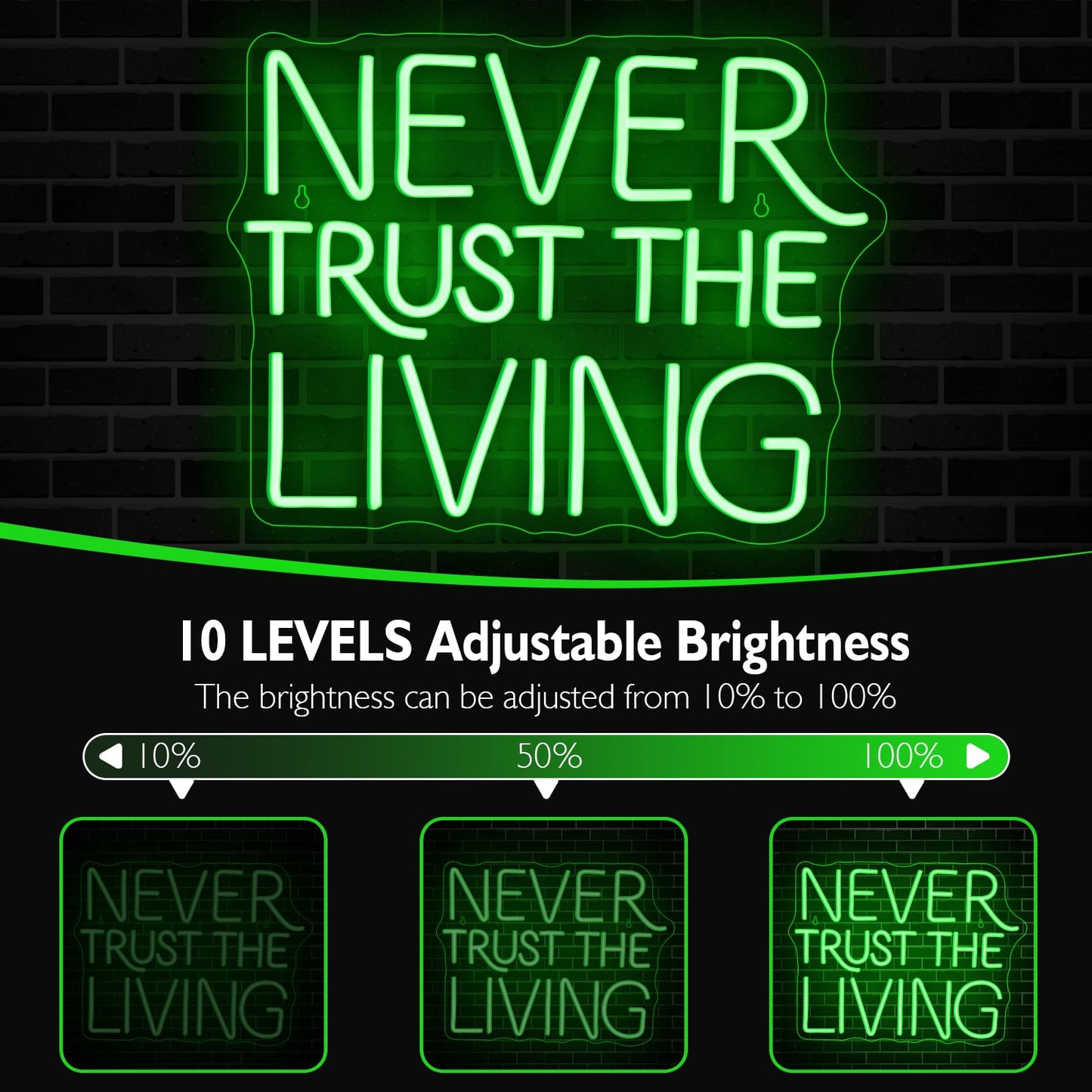 NEVER TRUST THE LIVING LED Neon Sign - 16.5 × 12.6" LED Green Gothic Wall Decor for Halloween, Bedroom, Bar, Horror Movie Theme, Spooky Aesthetic Room Decor, USB Powered