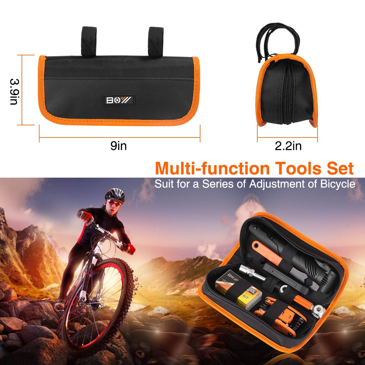 Bicycle Repair Bag With Tire Pump, Portable Tool Kit for Camping Travel - Bike Glueless Patches, Maintenance Essentials All in One Safety Kit