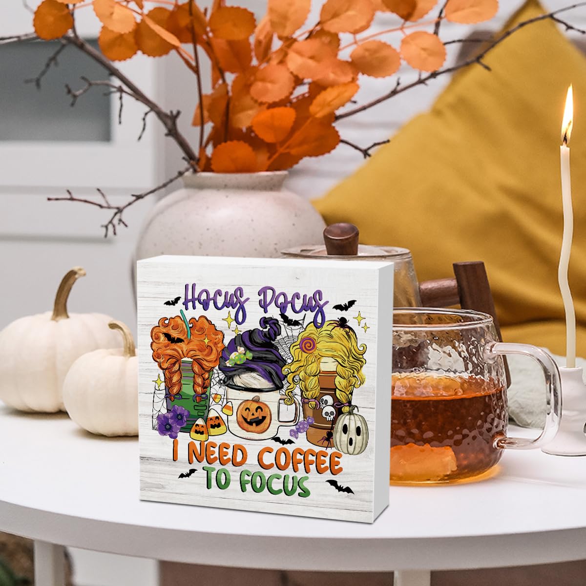 Halloween Coffee Decor Gifts for Women Sister Hocus Pocus Halloween Wood Decorations Sign for Home Farmhouse Office Bathroom Desk Shelf 5 x 5 Inches