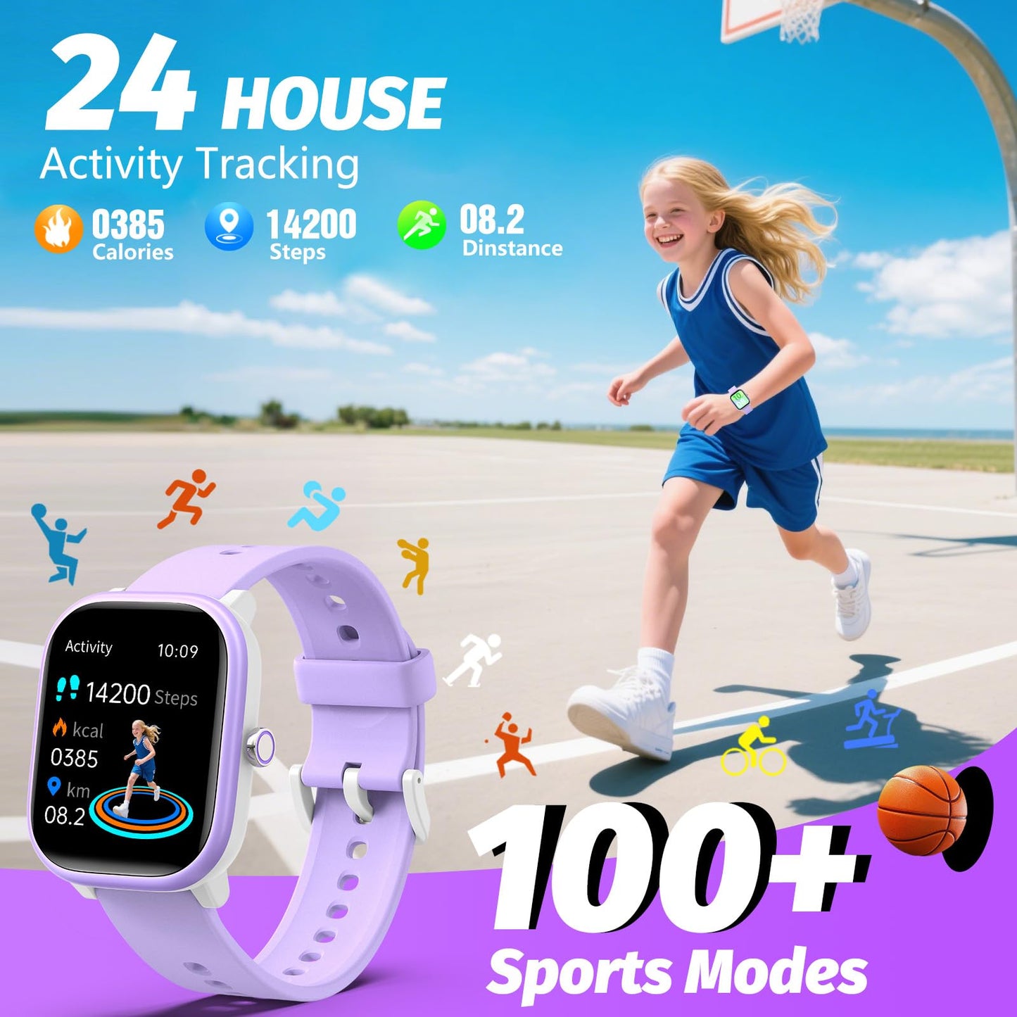 Kids Wach for Girls Boys 6-15 Year Old - Smart Watch for Kids 1.8" Fitness Tracker,No Phone needed,Pedometer Sleep Monitor Heart Rate Waterproof,Puzzle Game for Girls Boys Teens Birthday Gift (Purple)