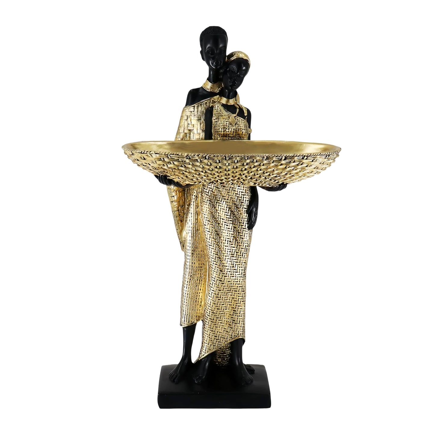 Dwelloria African Couple Resin Tray Sculpture – Black and Gold Decorative Bowl Statue for Entryway, Vanity, Coffee Table, Key Candy Jewelry Holder, Ethnic Art Home Decor Gift