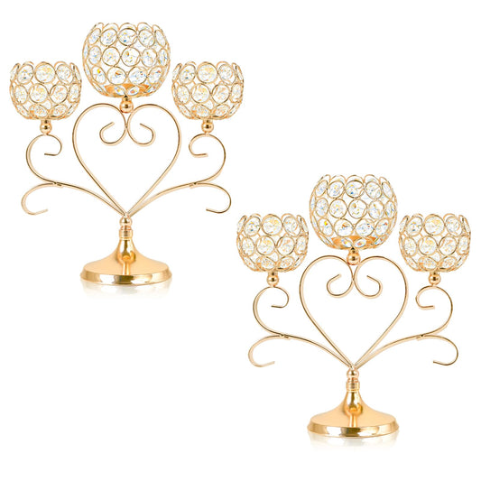 Kehail 2 Pcs 3-Arm Heart Tea Light Candle Holder - Crystal & Metal Wedding Centerpiece Decor, Sparkling Table Decor for Anniversaries/Romantic Tabletop Home/Dinner Party/Events (2, Gold)