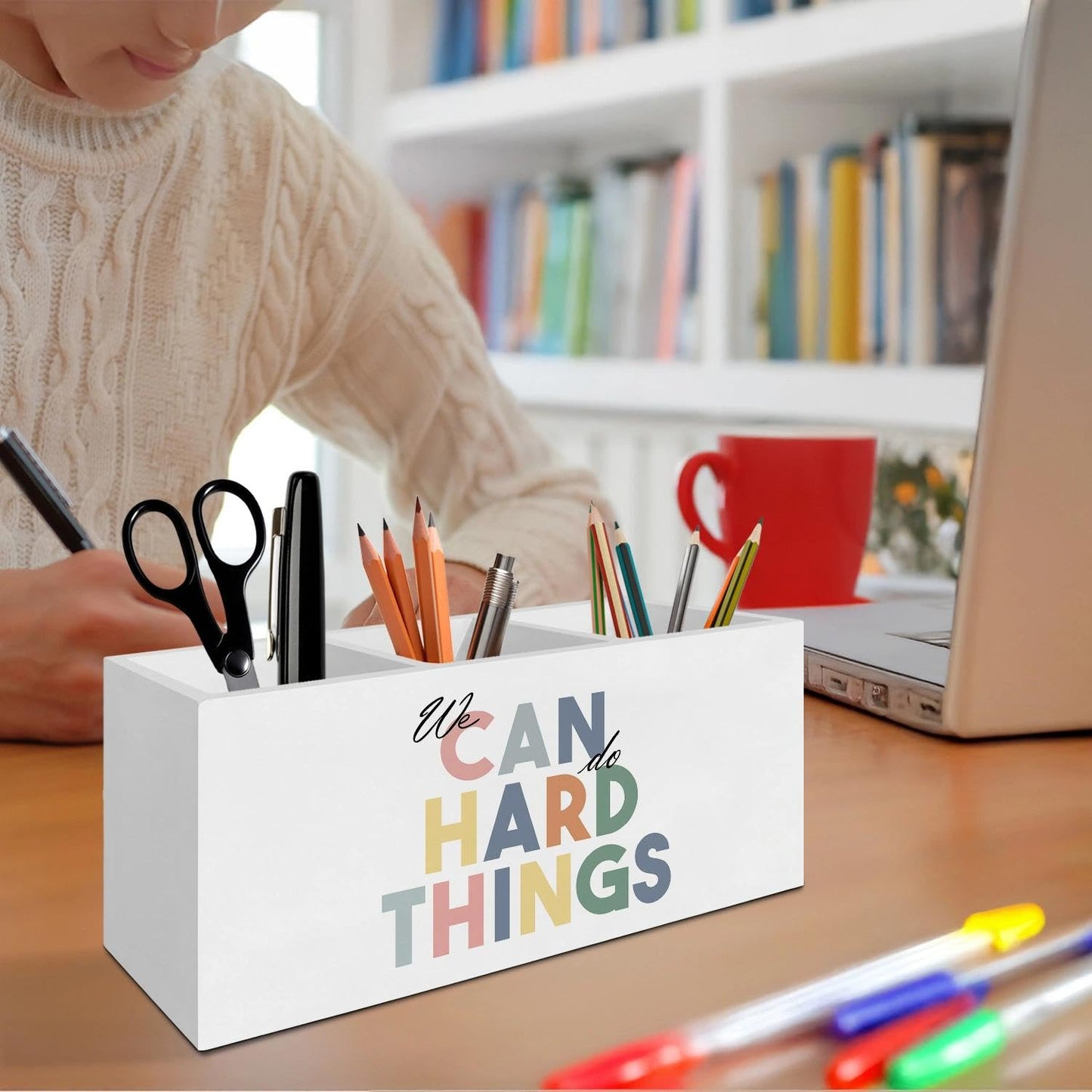LIANGEAGOM Boho Inspirational Pen Pencil Holder Organizer for Desk Accessories, Mental Health We Can Do Hard Things Motivational Wooden Box Signs Decorations for Therapy Counselor Office Desk Tabletop