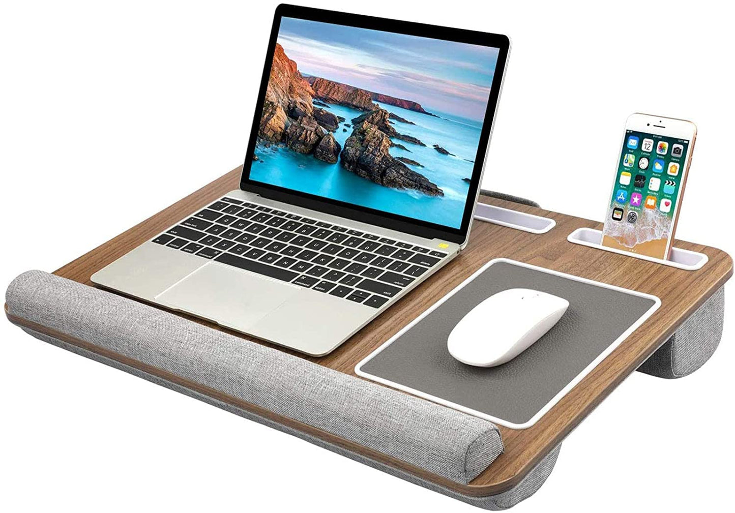 HUANUO Lap Desk - Fits up to 17 inches Laptop Desk, Built in Mouse Pad & Wrist Pad for Notebook, Laptop, Tablet, Lap Stand with Tablet, Pen & Phone Holder, Brown Woodgrain