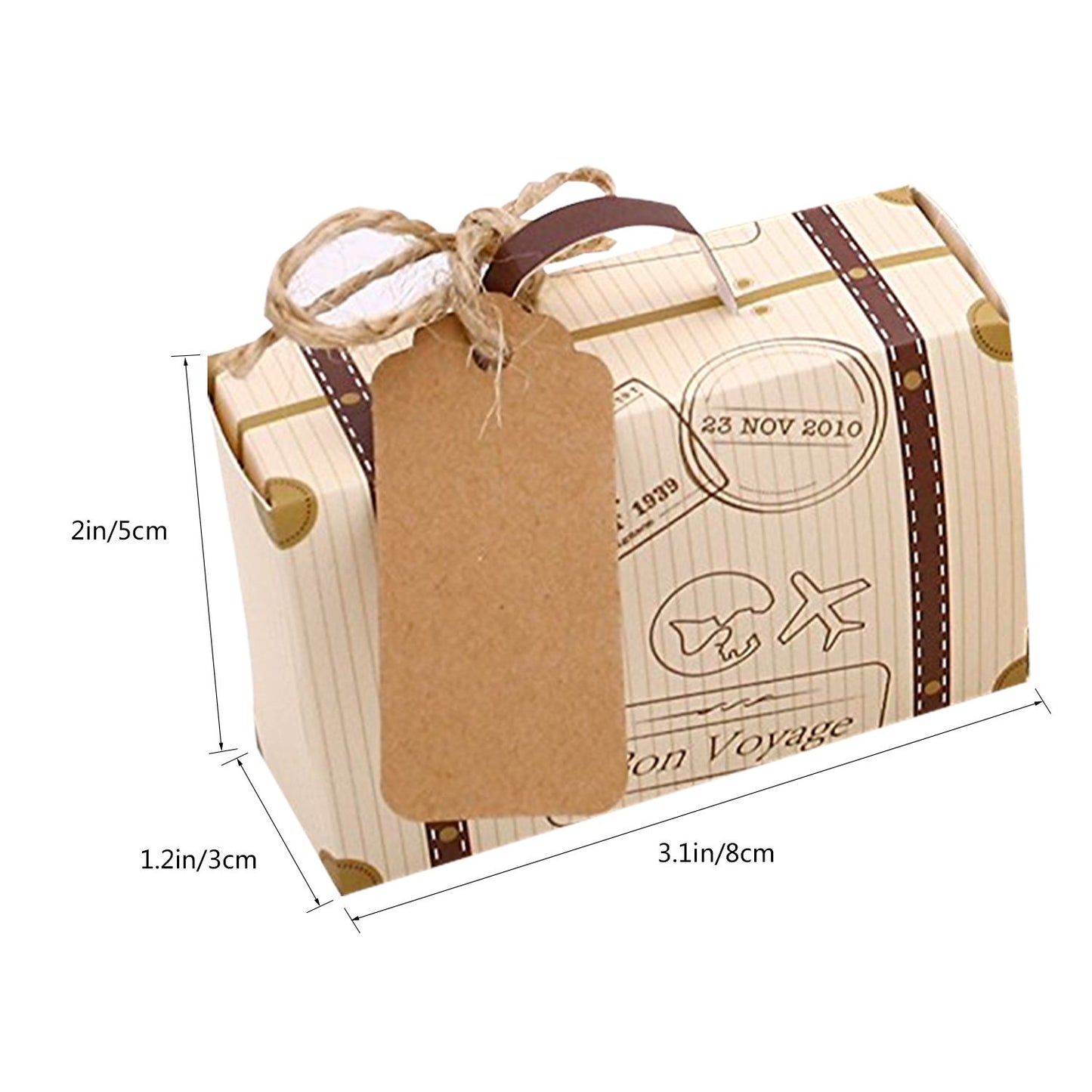 Faylapa 50pcs Suitcase Candy Boxes, Party Favor Candy Box, Vintage Kraft Paper Gift Bag for Travel Theme Party, Wedding, Birthday, Bridal Shower