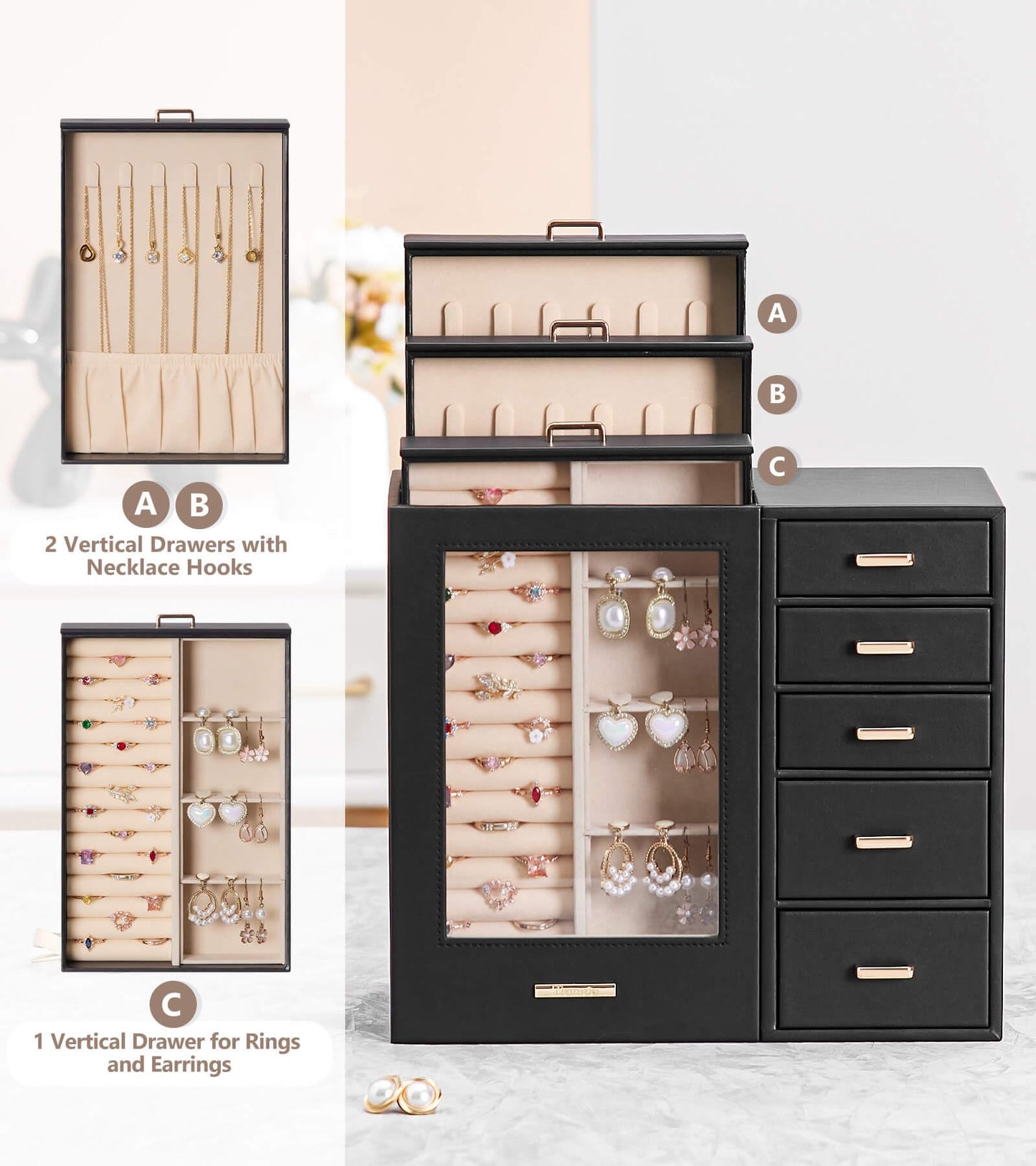 Homde Jewelry Organizer large for Dresser: Big Jewelry Box for Women - Holder with Drawers - Elegent Necklace Earring Ring Display Modern Gift (Black)