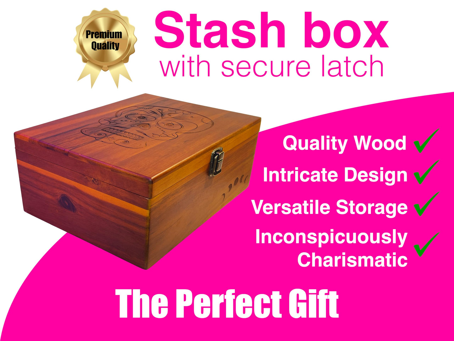 Sugar Skull Wooden Stash & Keepsake Box – Large 11” x 8.5” x 5” Engraved Wood Storage Box with Hinged Lid & Latch – Day of the Dead Memory Box for Tarot, Herbs, Jewelry & Gifts, Limited Run