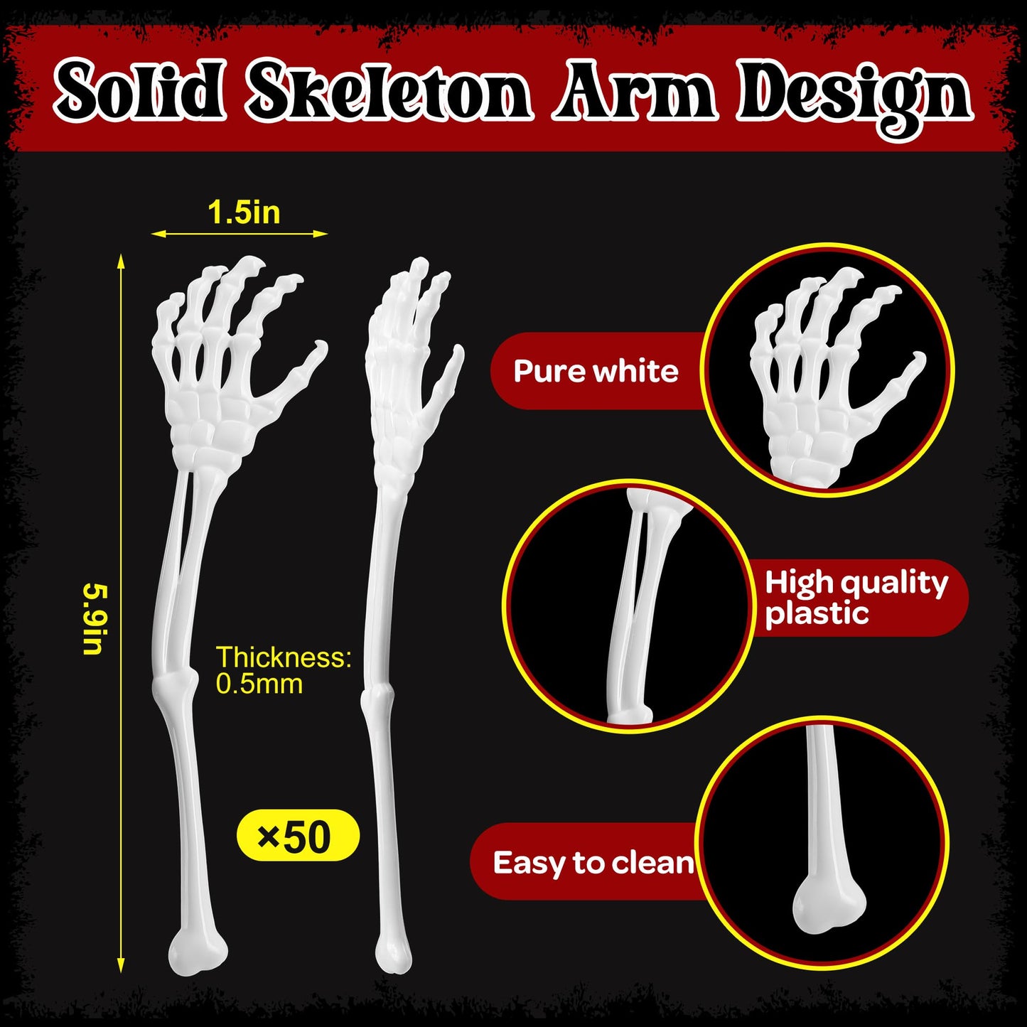 RunNico 50 Pcs 5.9''x1.5'' Halloween Skeleton Cocktail Stirrers, Reusable Skeleton Hand Swizzle Sticks, Halloween Plastic Drink Stirrer for Home Bar Horror Party Table Decorations Photo Props