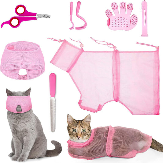 Vwvk 6 Pcs Cat Bathing Grooming Set - Adjustable Mesh Bathing Bag, Nail Clipper, Mesh Muzzle, Massage Brush, Tick Remover Tool & Nail File (Pink)