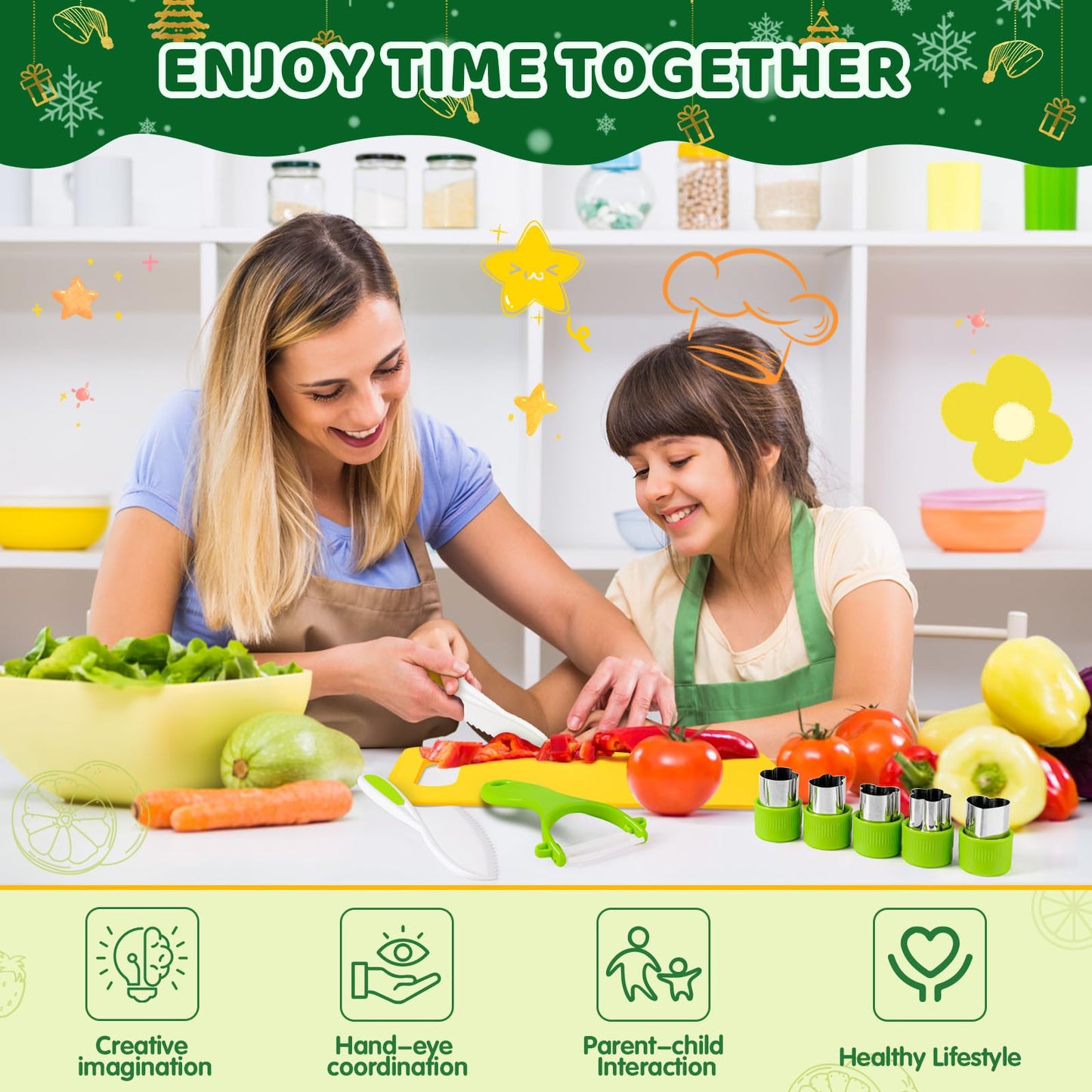 28PCS Toddler Knife Set - Kids Knifes for Real Cooking, Montessori Kids Kitchen Knife Set with Cutting Board Crinkle Cutters Kid Safe Knives, Toddlers Kitchen Tools for Age 2-10 Year Old Girl Boy