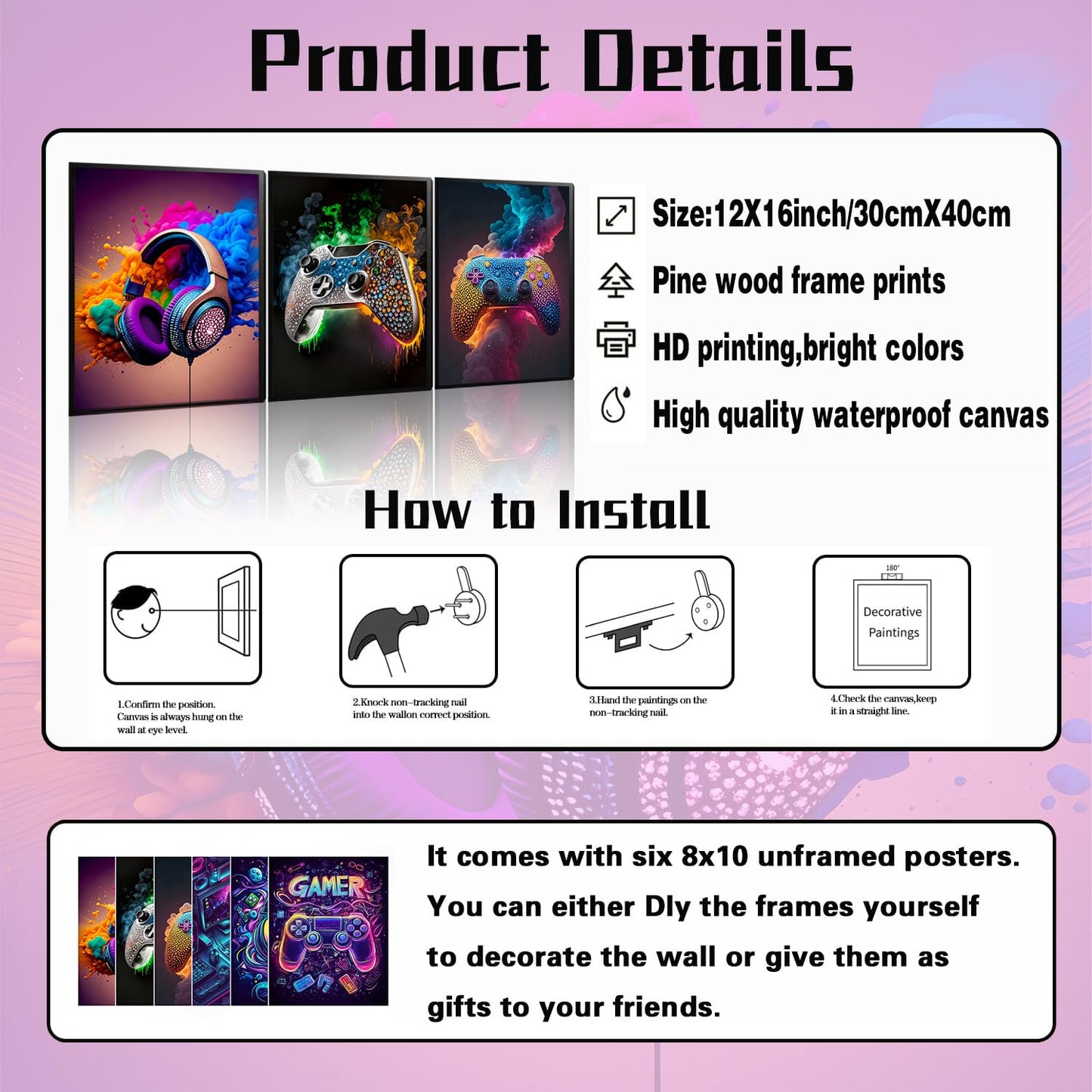 SEHSUVC Game Room Canvas Wall Art, 16x12inch 3-Piece set Wood Framed + 6 Pcs 8×10 Posters Prints, Neon Gaming Accessories Theme Gamer Wall Decor Gifts for Boys Youth Children Bedroom Home Decor