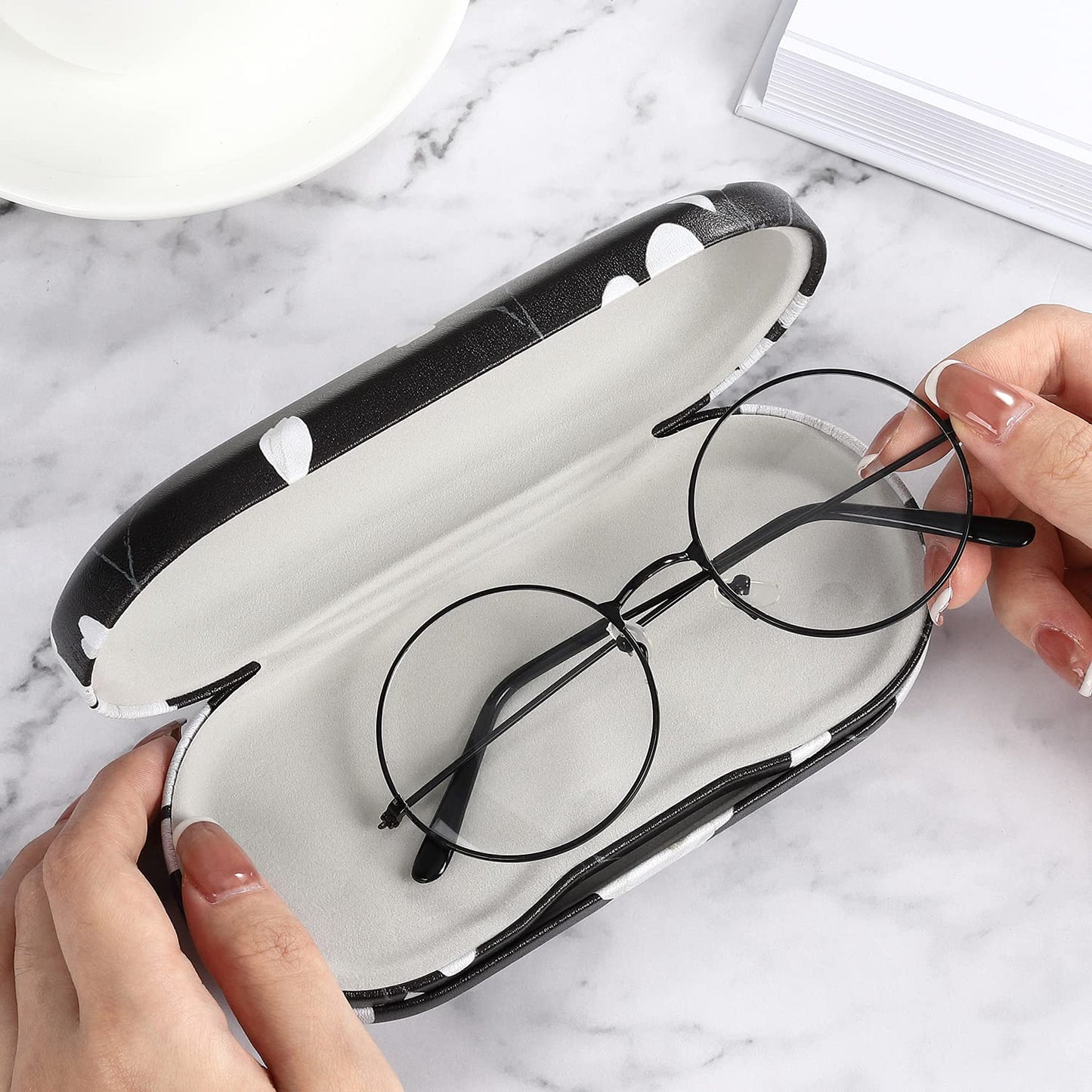 MoKo Double Eyeglass Case, Contact Lens Case with Mirror Tweezers Remover, 2 in 1 Double Sided Portable Contact Lens Box Holder Container Soak Storage Kit Sunglasses Pouch for Men & Women