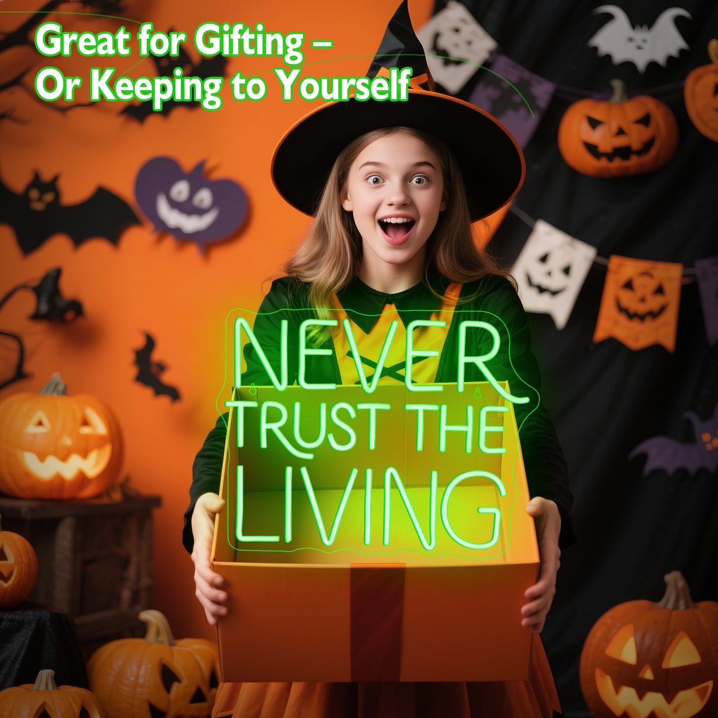 NEVER TRUST THE LIVING LED Neon Sign - 16.5 × 12.6" LED Green Gothic Wall Decor for Halloween, Bedroom, Bar, Horror Movie Theme, Spooky Aesthetic Room Decor, USB Powered