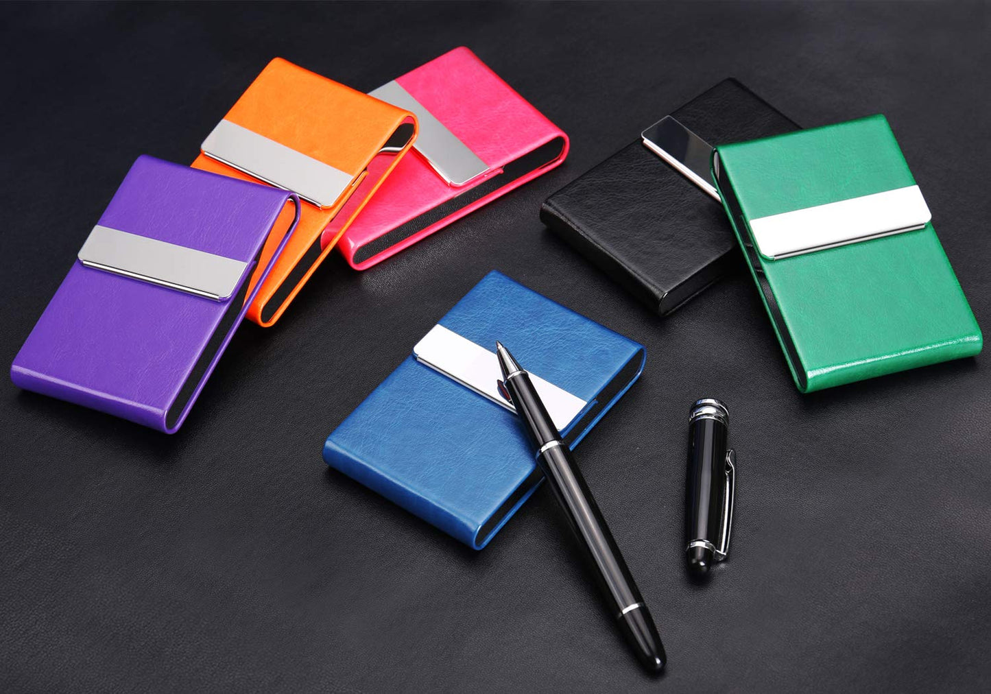 JuneLsy Business Card Holder Case - Professional PU Leather Metal Name Card Holder Pocket Business Card Carrier for Men & Women with Magnetic Shut (S-Dark green)