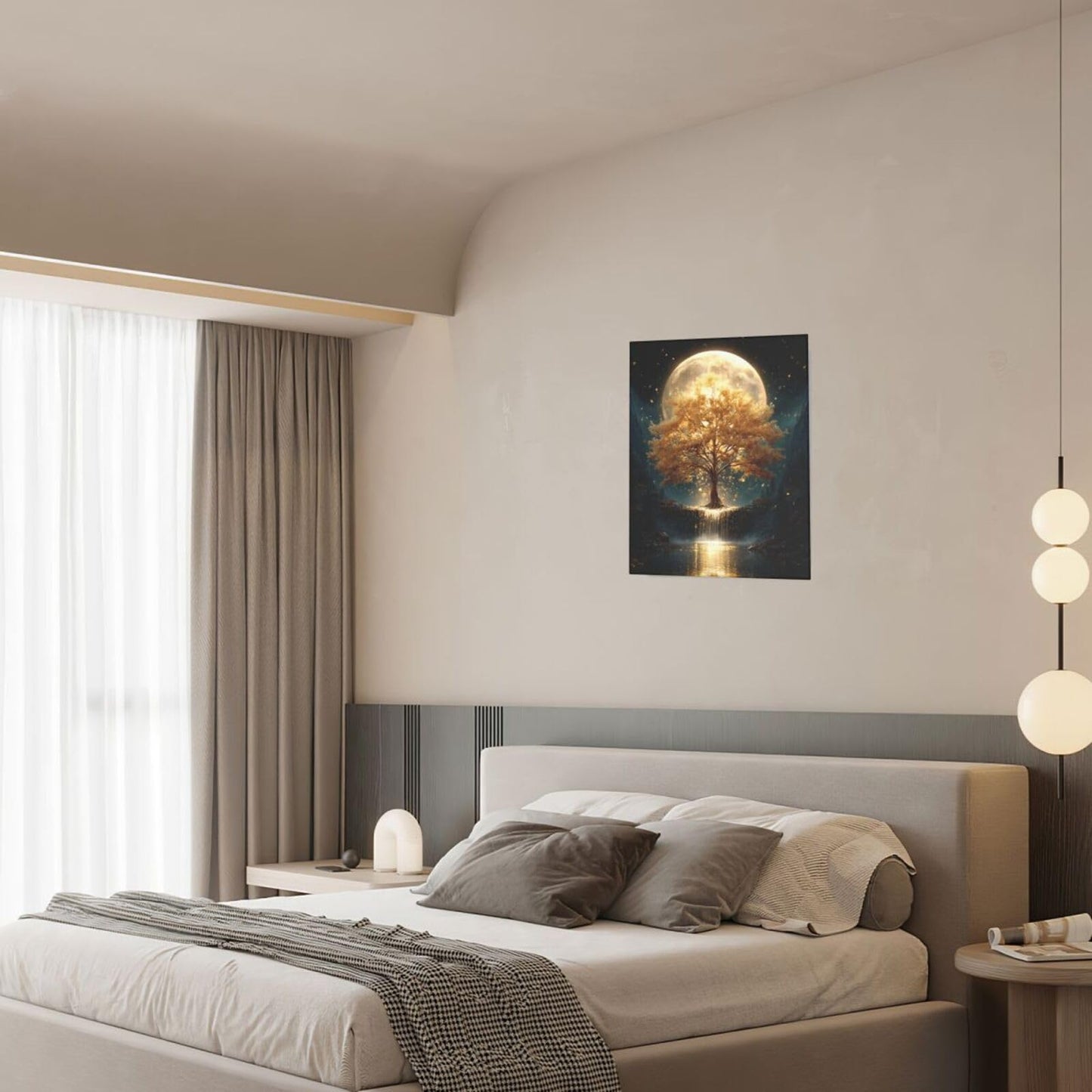 Golden Tree Wall Art Fantasy Tree with Moon and Waterfall Canvas Wall Decor Pictures Paintings Prints Mystical Nature Artwork Framed De corations For Meditation Space Bathroom Bedroom Living Room Office Gifts 12" x 16"