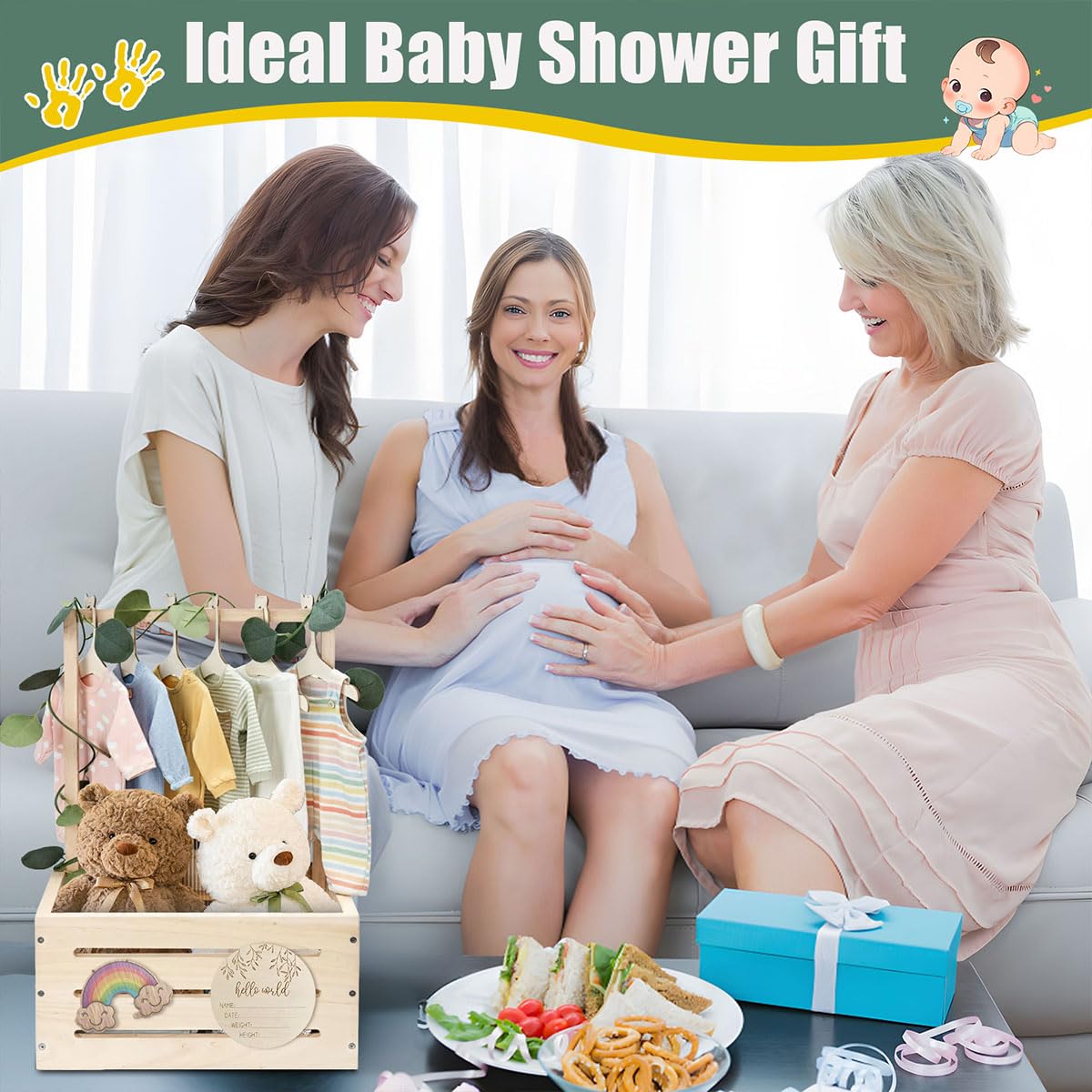 GaliGali Wooden Baby Shower Crate Closet, Newborn Gift Basket with Handle and Hanger Garland, Gender Reveal Storage Box, Personalized Baby Gift for Pregnant New Parents NO.LPL Wood-S