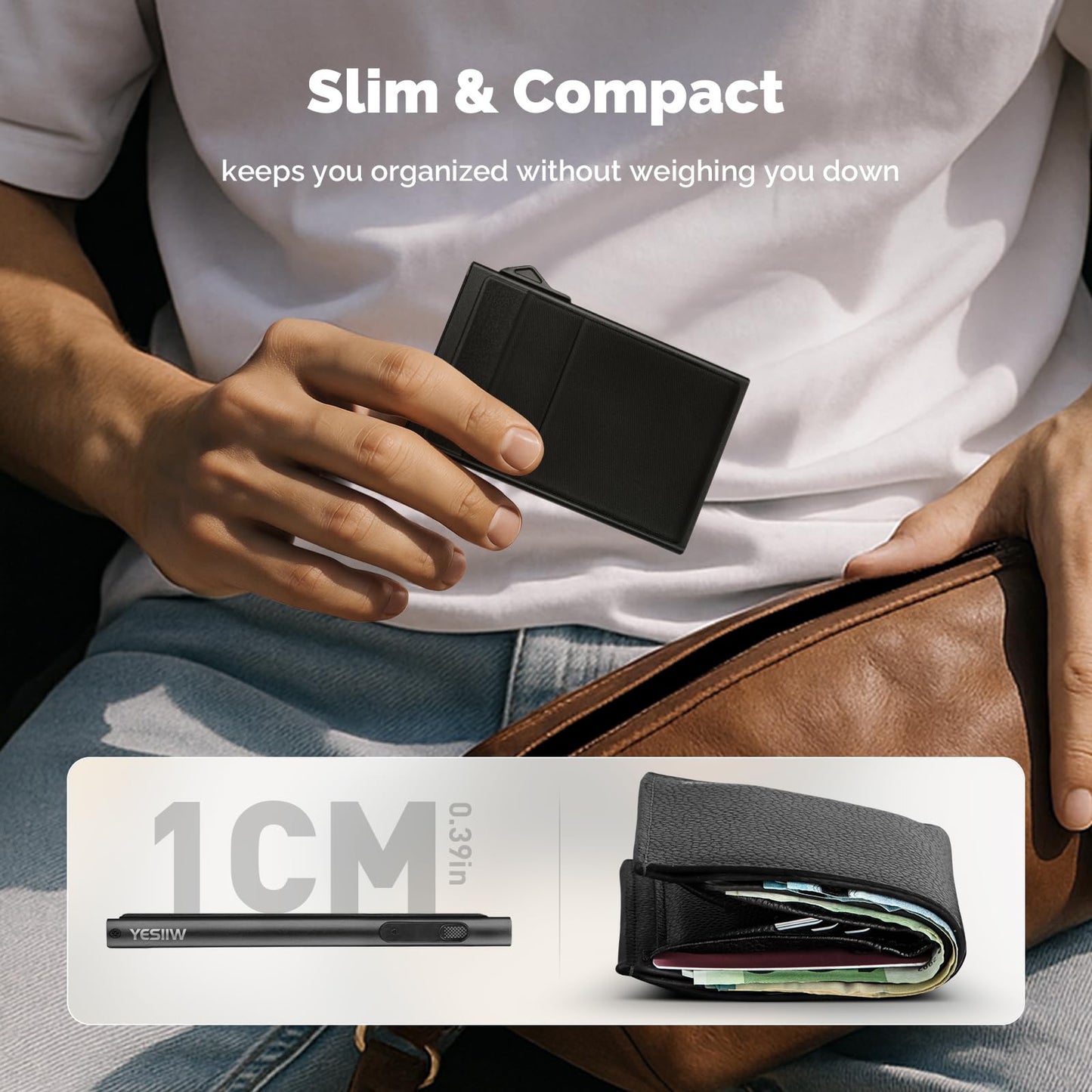 YESIIW Slim Wallet for Men - Pop up Card Holder RFID Blocking Minimalist Business Credit Card Wallet with Money Pocket Metal Card Case for Notes and Coins and Debit Cards Black