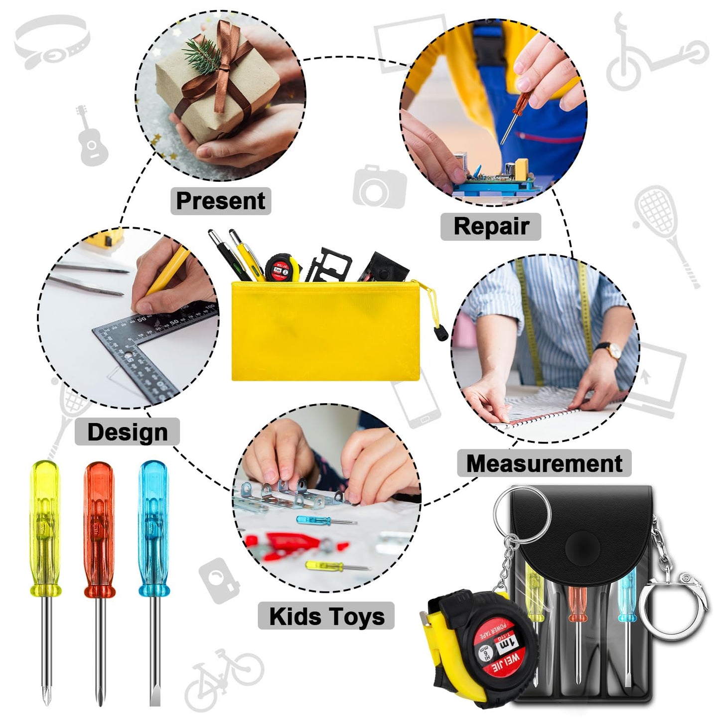 Lasnten 50 Pcs Mini Tape Measure Screwdriver Keychain Set Bulk Men Gifts Multitool Pen Card Mini Tool Bag Pouch Adult Party Favors Pinata Stuffers for Men Father's Day Husband Gifts (Black+Yellow)