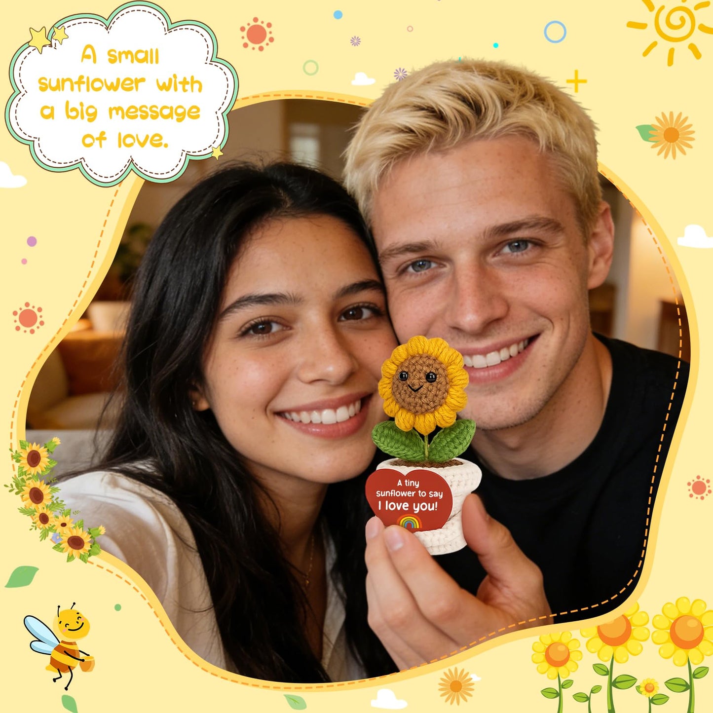 Anniversary Love Gifts for him her - I Love You Crochet Sunflower Happy Birthday Gifts for Women Men Wife Husband Easter Basket Stuffers for Daughter, Son - Wedding Gift Ideas for Couples Girlfriend