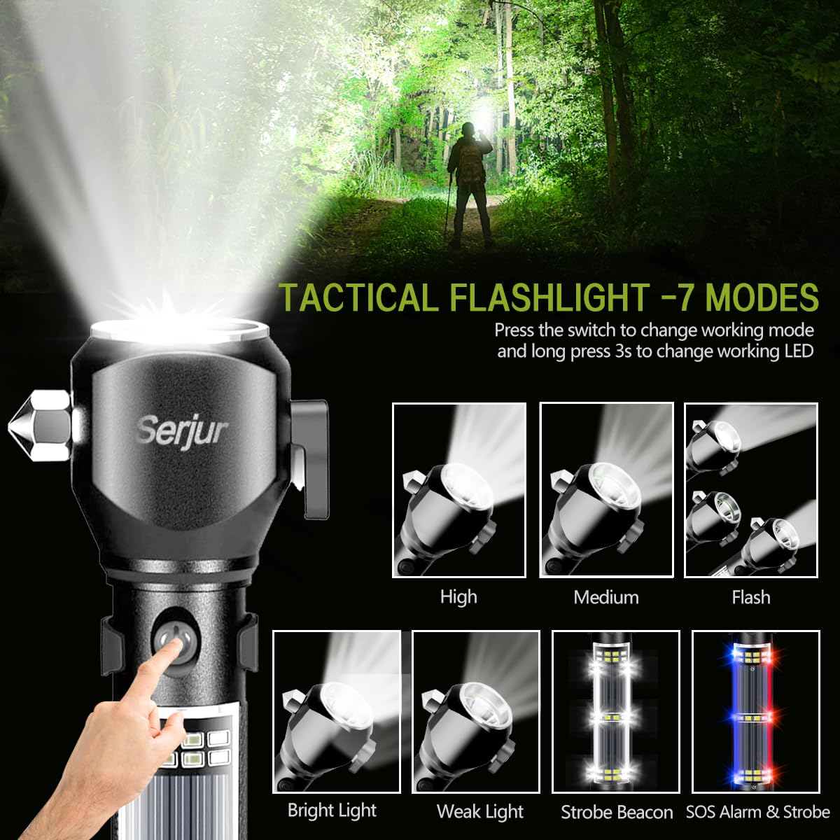 Serjur Rechargeable Solar Powered Flashlight,Multi Function LED Tactical Flashlight with Glass Breaker,Seatbelt Cutter,Alarm and Phone Charger,Powerful Handheld Flashlights for Emergencies Camping