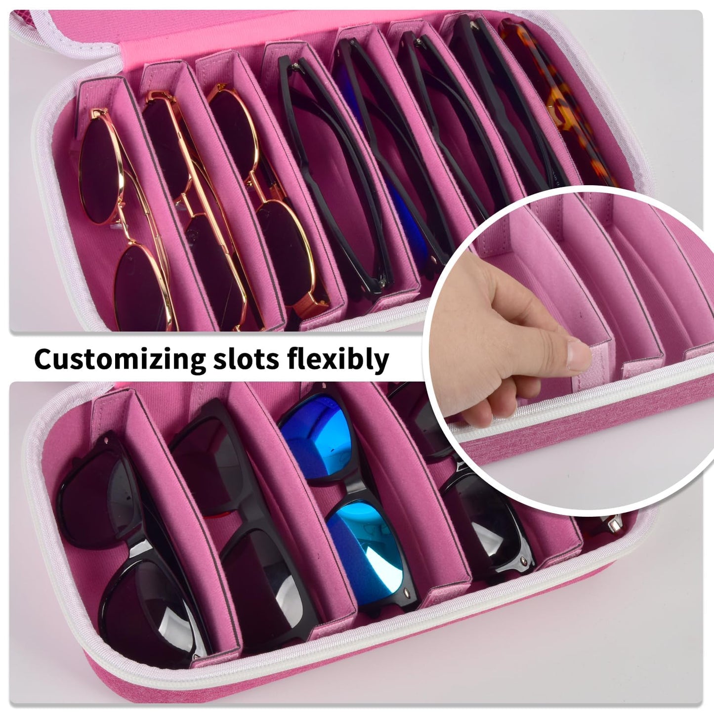 Travel Sunglass Organizer Case for Sojos/for Goodr/for Quay Polarized Sunglasses Men Women, 8 Pairs Trendy Glasses Storage Box for Retro Oval/Rectangle Aviator Shady Rays Glasses(Bag Only)-Pink,L