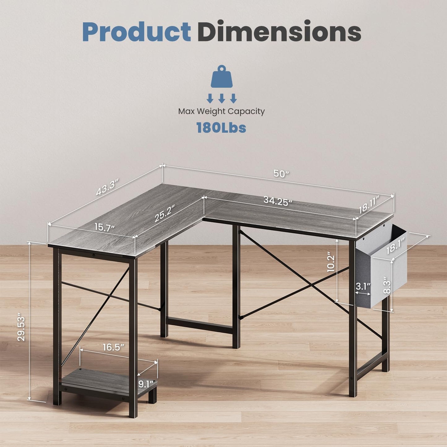 DUMOS L Shaped Desk Computer Gaming Corner Table 50 Inch Home Office Writing Student Work PC Workstation with Side Storage Bag CPU Stand for Bedroom Small Spaces