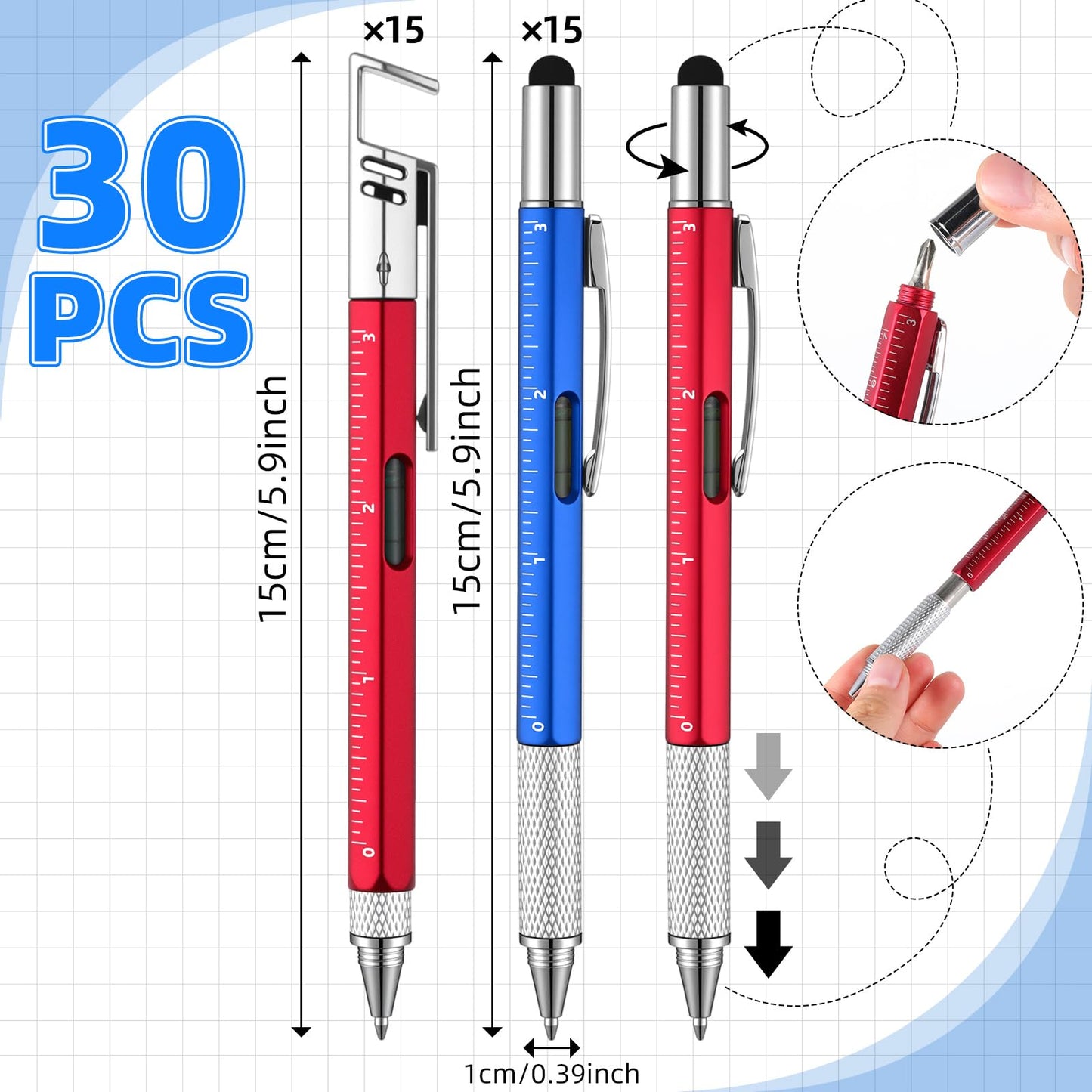 Maitys 30 Pcs Multi Tool Pens for Father's Day 6 in 1 Screwdriver Multi Function Pens with Level Gauge Stylus Phone Holder Pen for Father's Day Dad Husband Adult Men Bulk Gifts