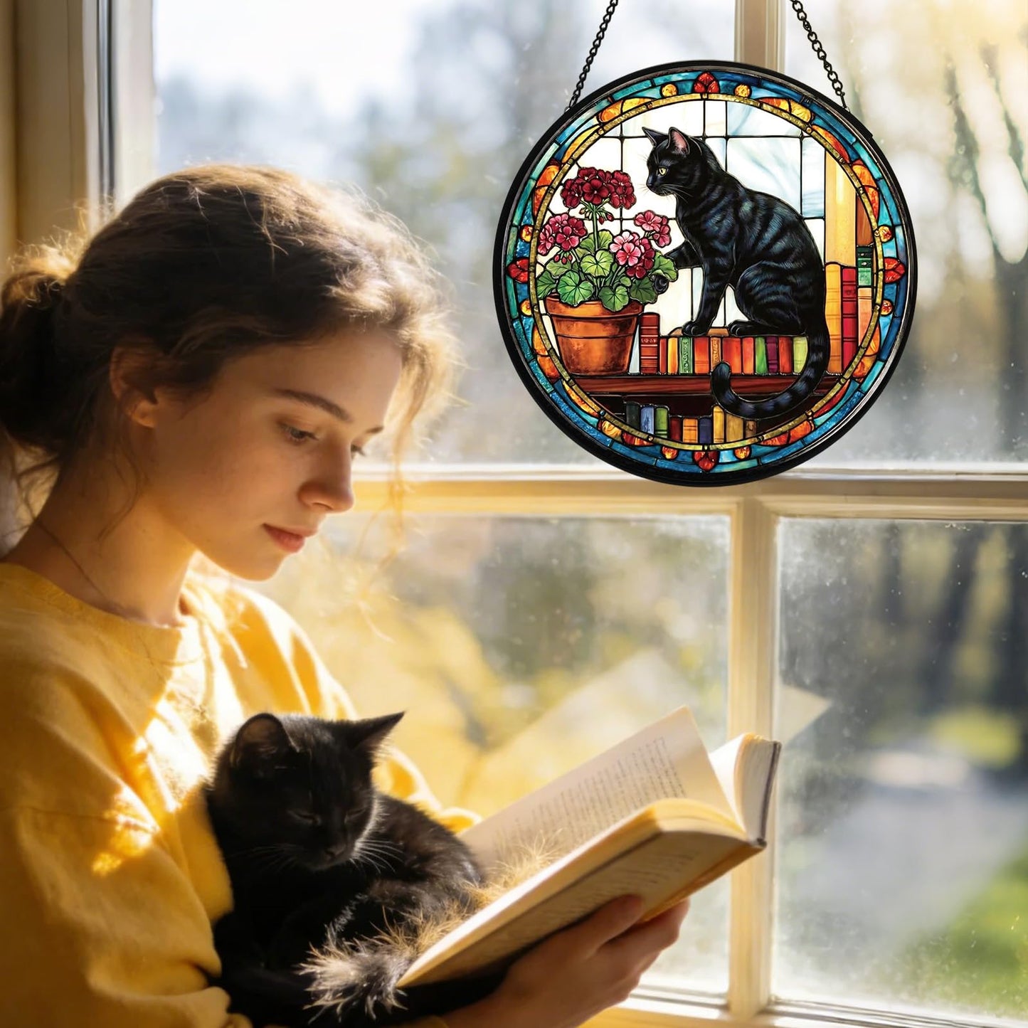 Riletese Stained Glass Window Hanging, Black Cat Themed Stained Glass Suncatcher, Window Decor, Black Cat Design Decorative Gift for Women, Couples, Best Friend, Family, Colleague, Classmate 7.8 Inch