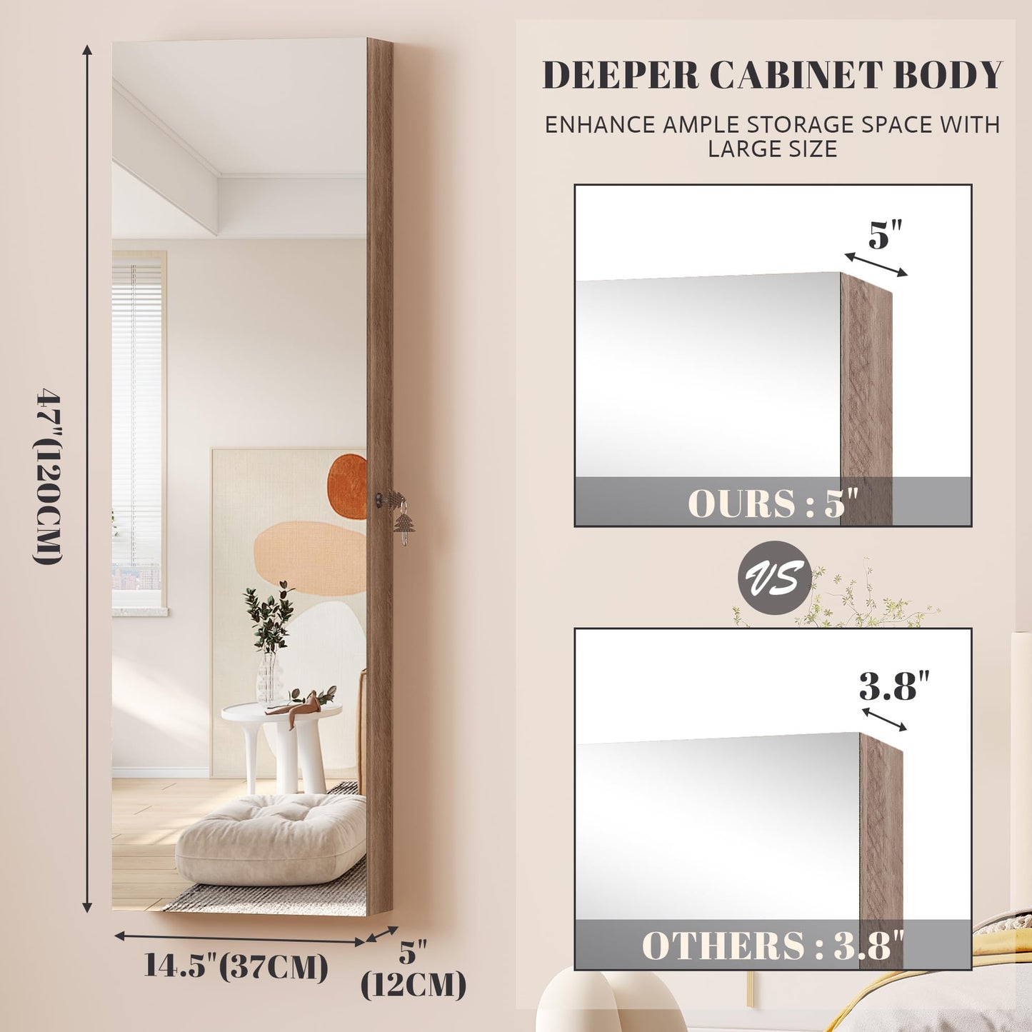 Vlsrka 47.2 Inch Full Length Mirror with Storage, Wall Mount Mirror Jewelry Cabinet, Over The Door Hanging Jewelry Armoire Organizer, Built-in Light, 4 Drawers, 5 Shelves, Christmas Gift (Wood)