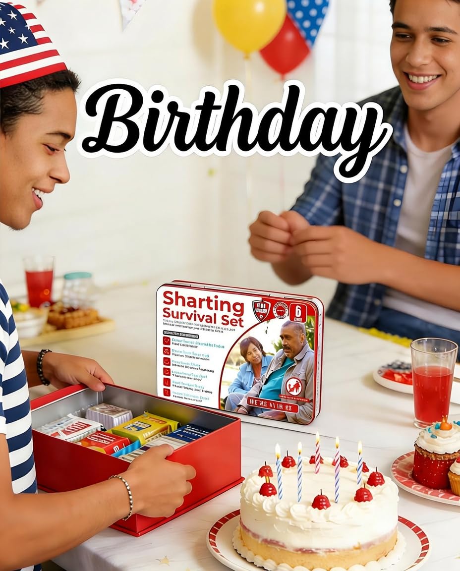 Funny Sharting Survival Set - Gag Gifts for Men, Boyfriend, Husband Birthday - 6pc Hilarious Bathroom Prank Gift for Adults - Unique White Elephant Gift, Stocking Stuffer, Fart Joke Novelty Tin