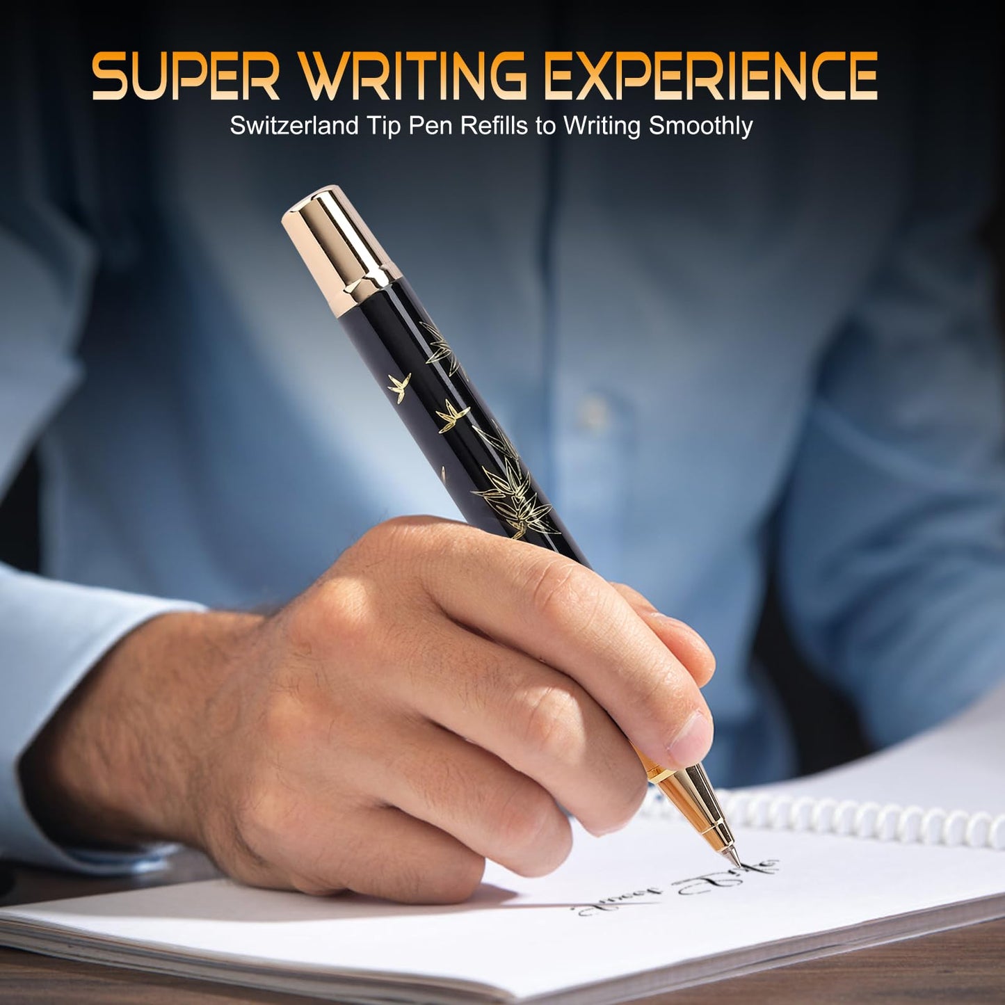 Urhomefull Black Rollerball Pens-Luxury Pens for Women Men, 24K Gold Trim Elegant Pen, Executive Gift Pen Set for Office Graduation Business Nice Roller Ball Pens