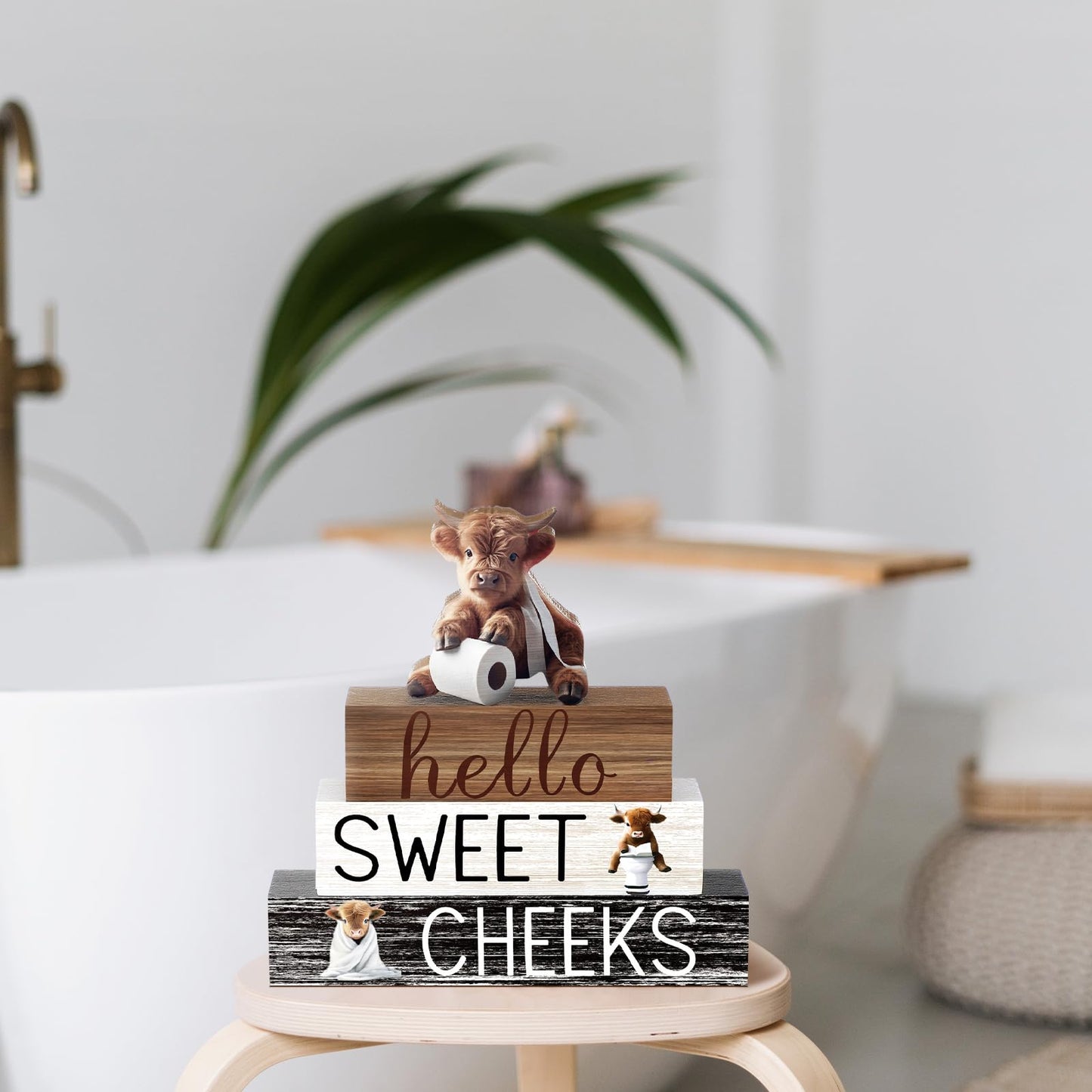 Cinnvoice 4 Pcs Highland Cow Bathroom Decor Farmhouse Bathroom Decoration Western Hello Sweet Cheeks Table Centerpiece Gift for Christmas Valentines Back to School