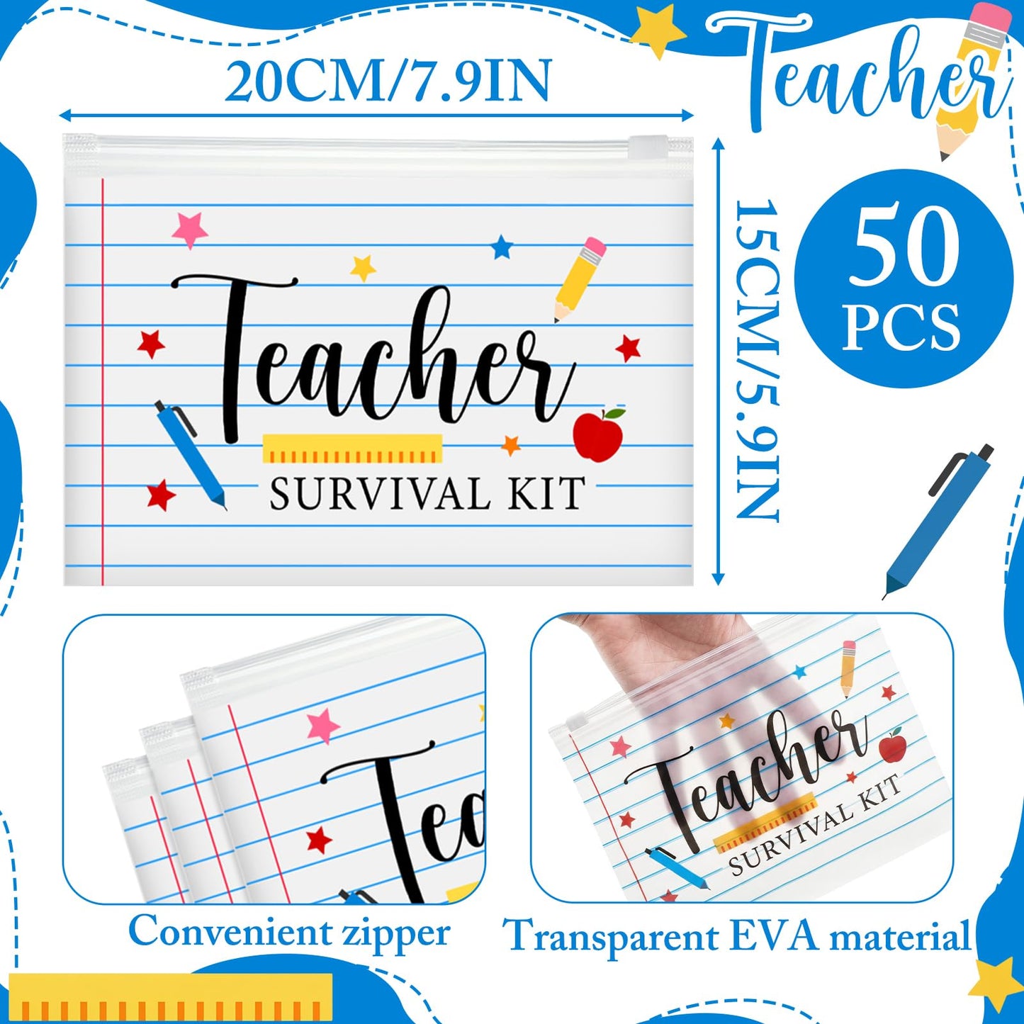 Kacctyen 50 Pcs Teacher Survival EVA Cosmetic Bag Gifts Bulk Graduation Back to Shcool Teacher Appreciation Party Favors Bag Toiletry Pouch with Zipper for Man Woman