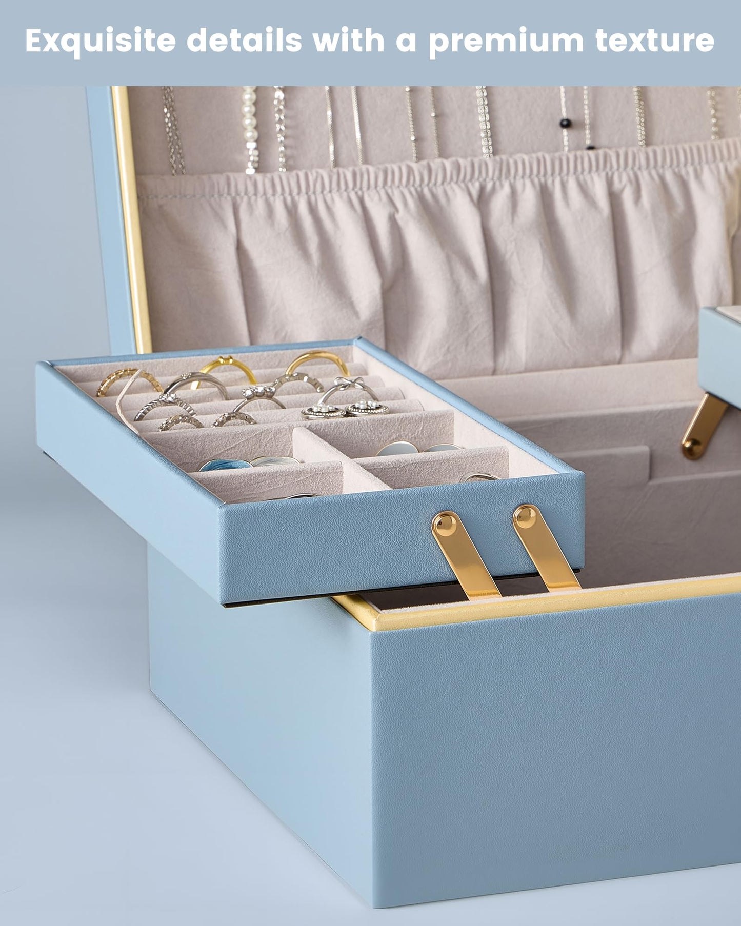 Lolalet Jewelry Box Organizer for Women Girls, 2 Layer Jewelry Organizers and Storage for Necklace Earrings Rings Bracelets, Large Jewellery Holder Case Birthday Mothers Day Gifts -HazeBlue