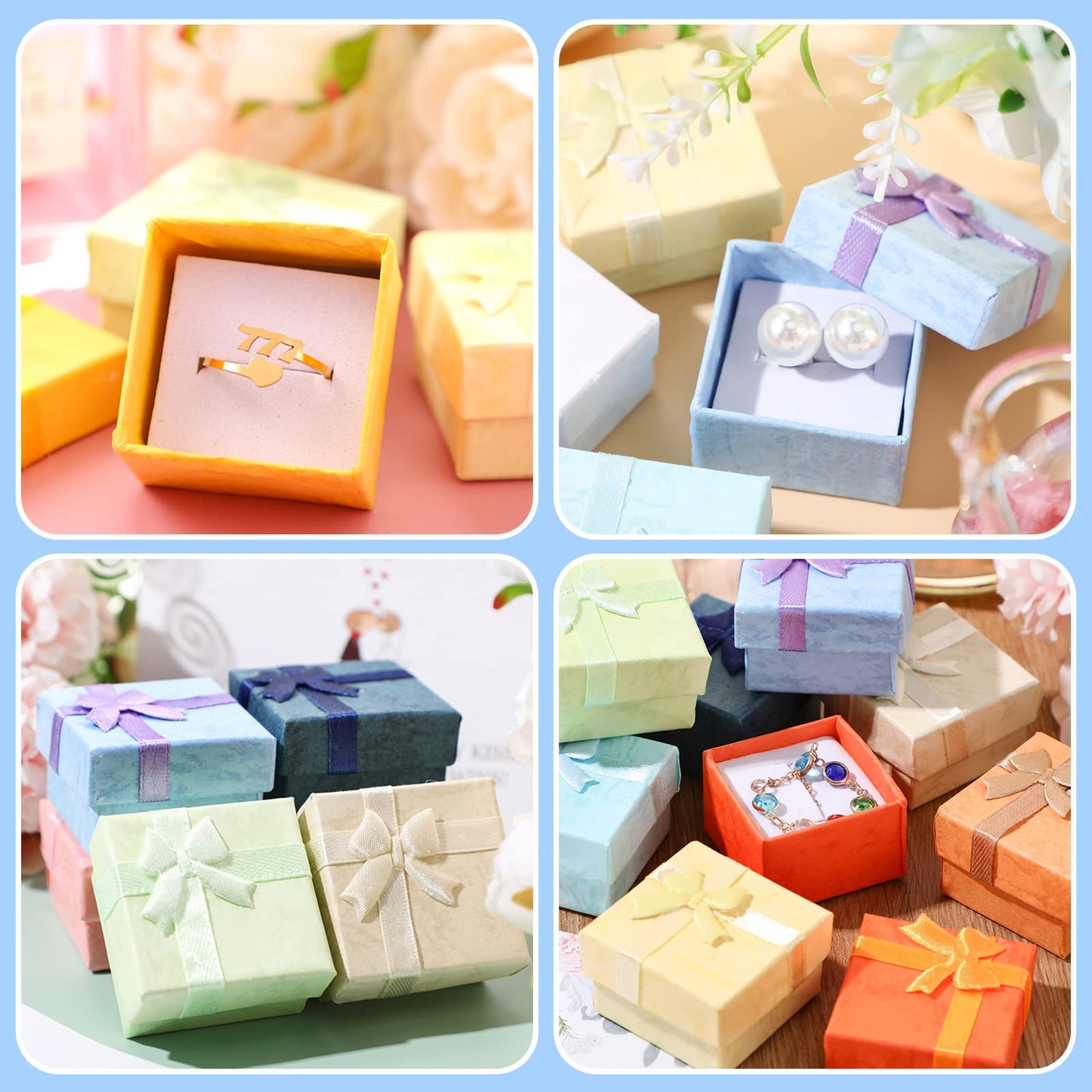 Sureio 24 Pack Jewelry Gift Boxes Jewelry Box Gift Cases Cotton Filled Cardboard Paper Box Bracelets Bangle Necklace Gift Case with Ribbon Bow for Birthday Wedding 12 Colors, 1.6 x 1.6 Inches